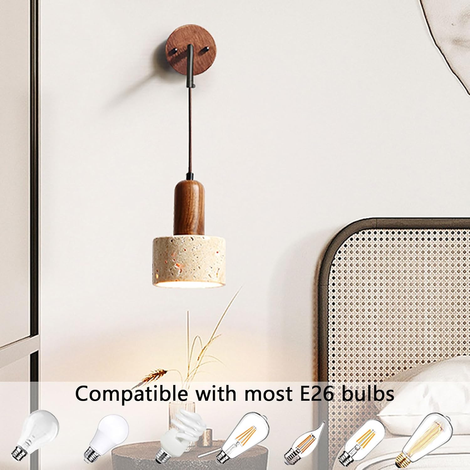 CATA-MEDICA Juego de 2 lámparas de pared de piedra de altura ajustable, aplique de pared de travertino E26, lámpara de pared para dormitorio, sala