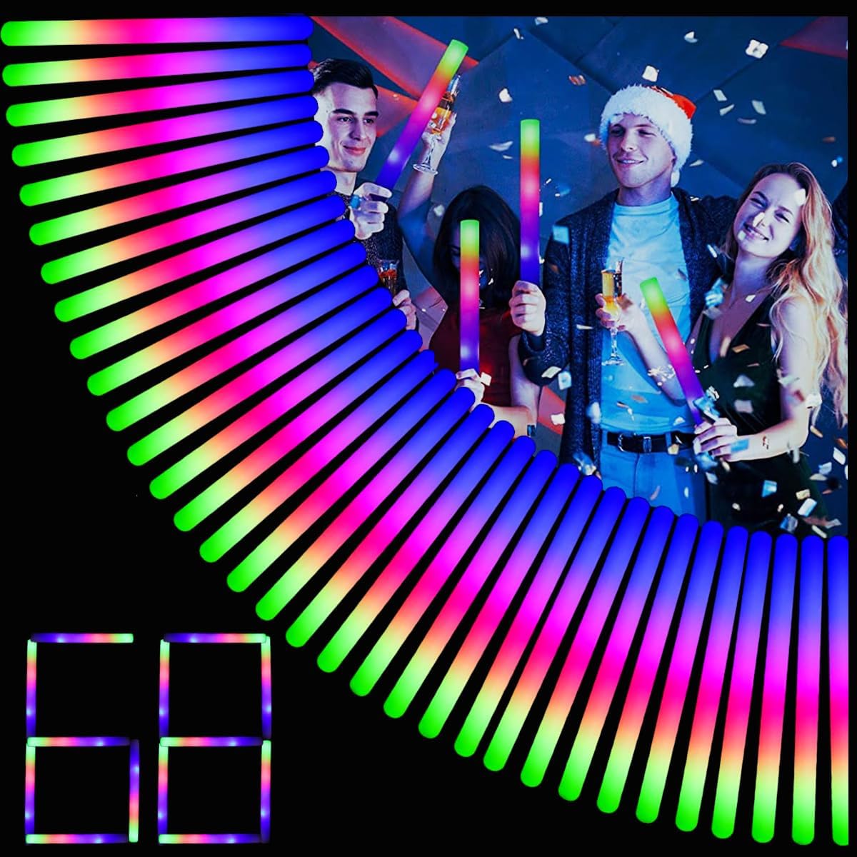 EXCECAR 68 varillas de espuma brillantes, varillas de espuma con luz LED con 3 modos de cambio intermitente, brilla en la oscuridad para eventos,