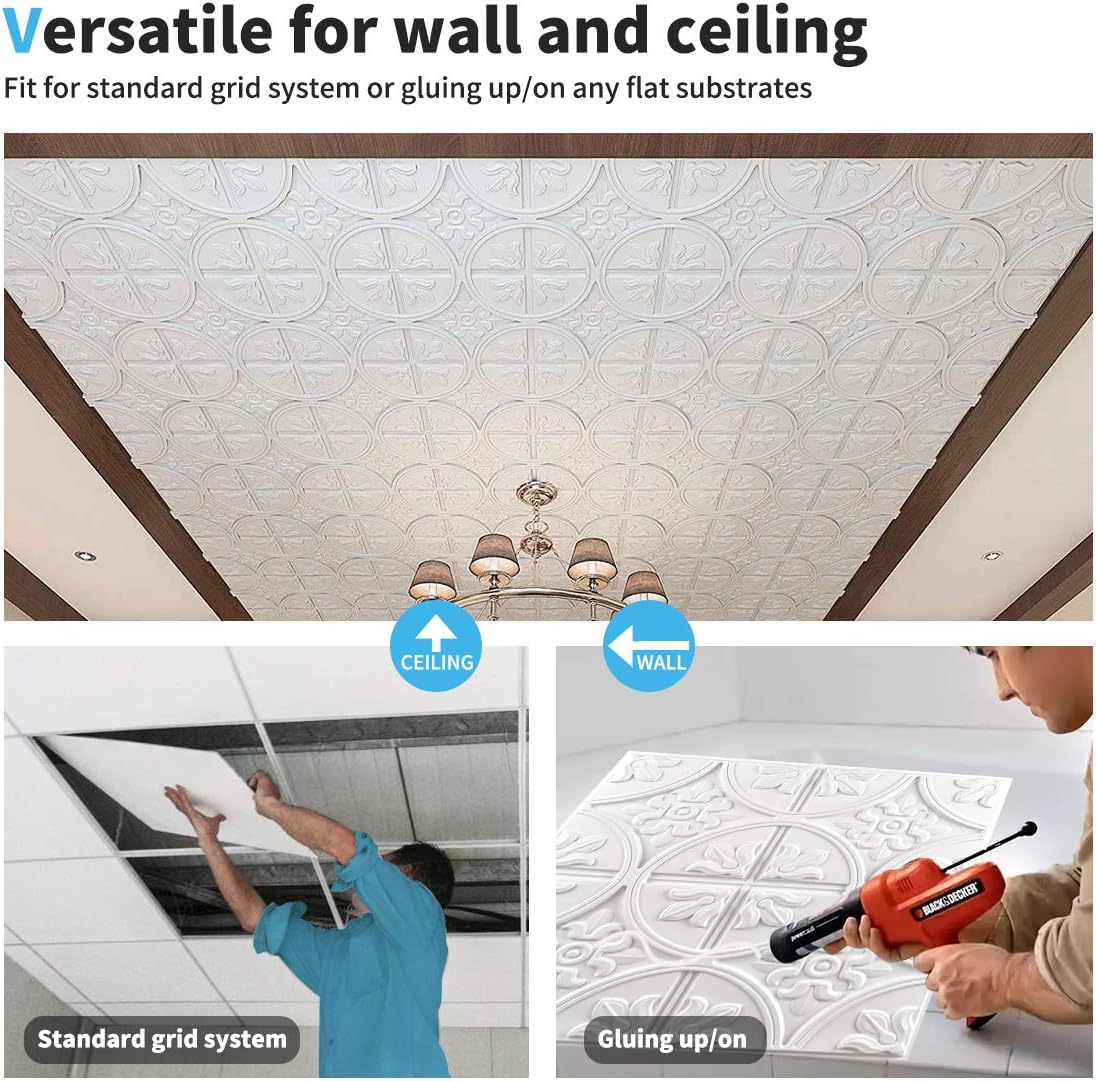 Art3d Azulejos de techo de caída 2×2, panel de techo con pegamento, estilo clásico de lujo en blanco