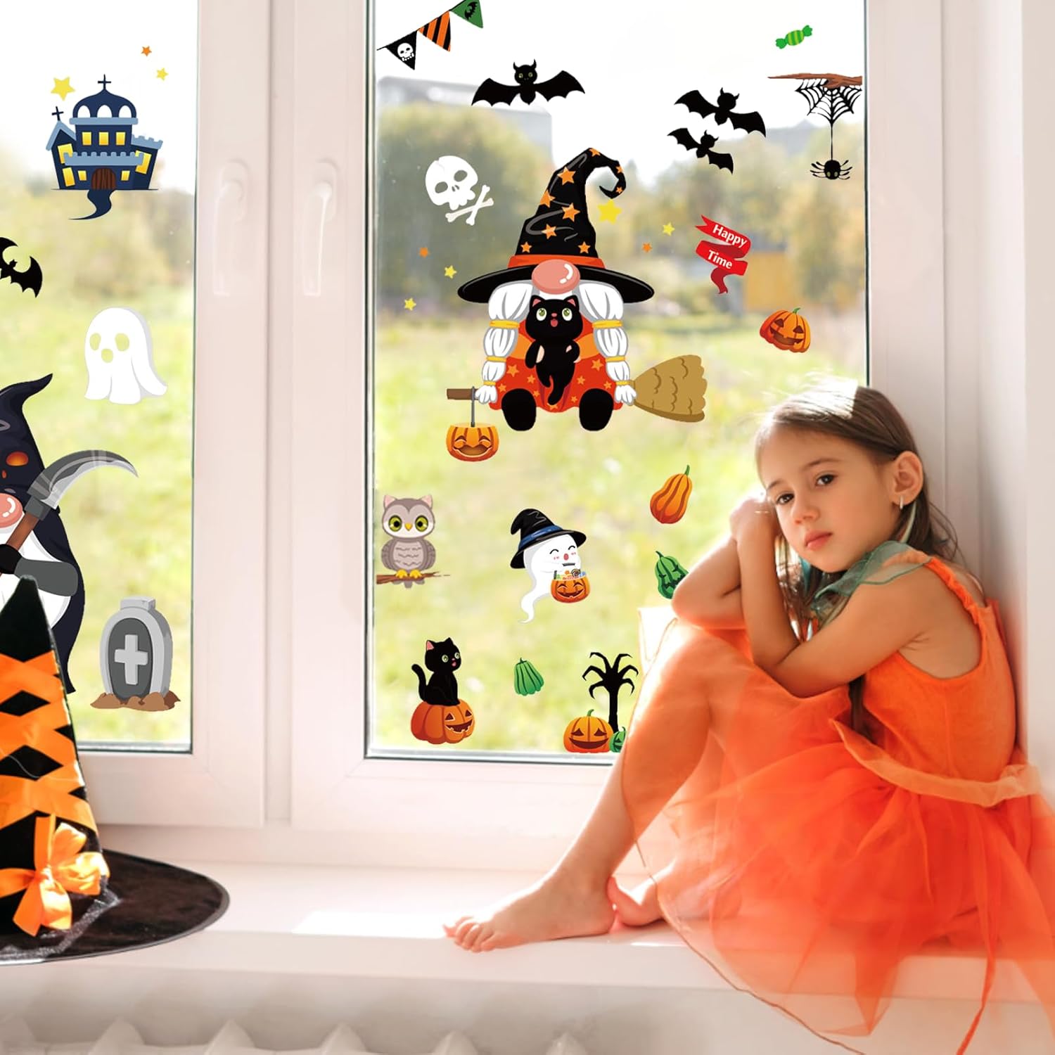 6 hojas de calcomanías de Halloween para ventana, 118 piezas reutilizables para decoración de ventanas de Halloween con brujas, calabaza,