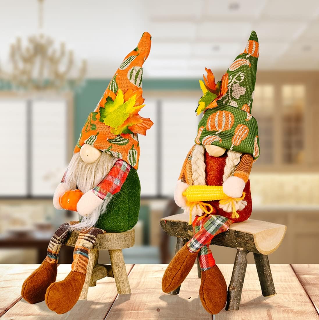 Juego de 2 gnomos de felpa para decoración de Acción de Gracias con calabaza de maíz, Sr. y Sra. Cosecha de otoño, decoración de bandeja escalonada