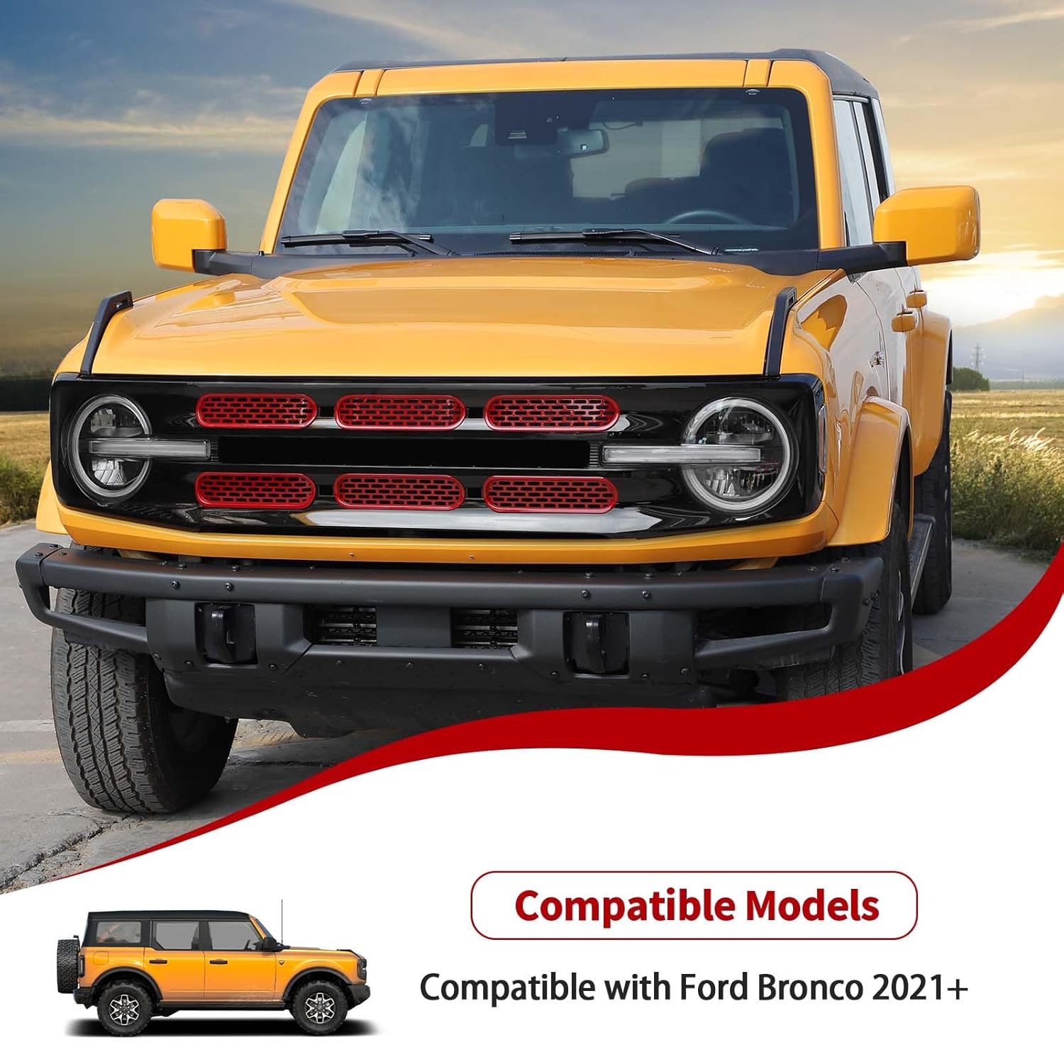 JeCar Insertos de rejilla delantera, marco de rejilla de malla, accesorios exteriores compatibles con Ford Bronco 2021-2023, rojo