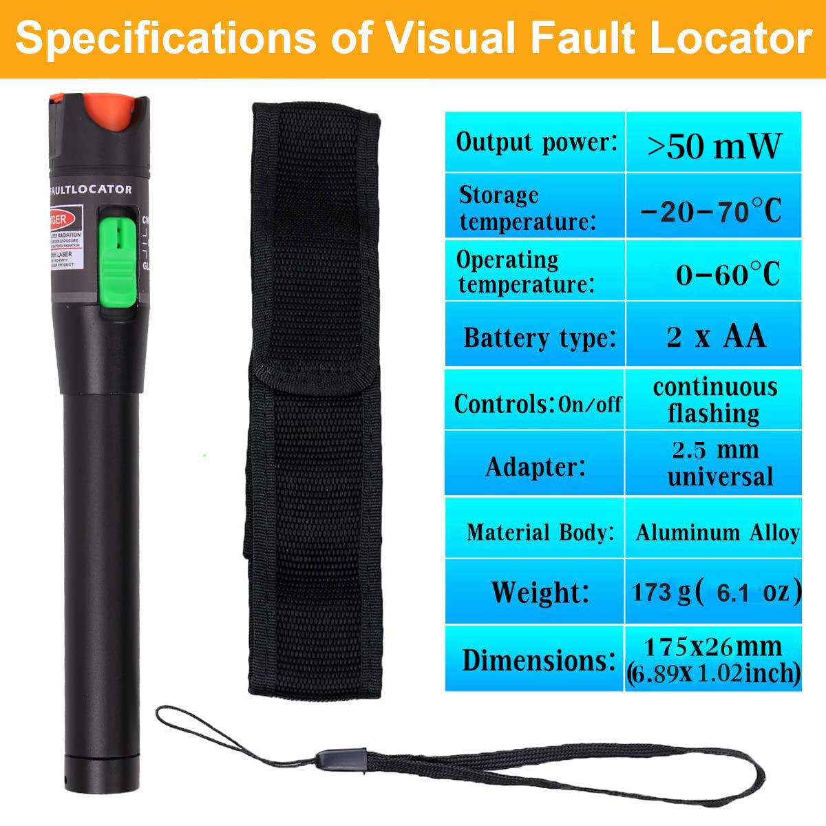 Kit de localizador de fallas visuales de 50 mW, 31.1 mi con conector universal de 0.098 in, adaptador FC macho a hembra LC, pluma de luz roja VFL