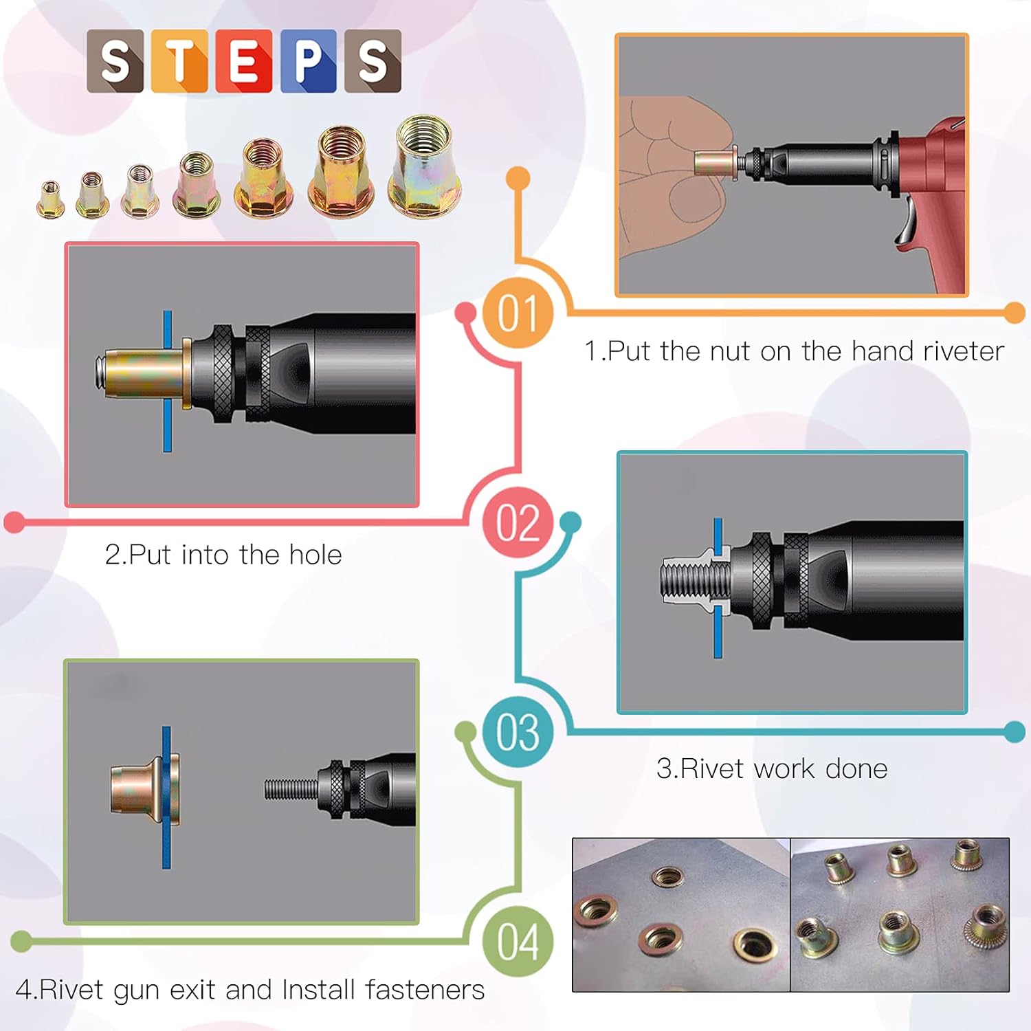 Glarks Juego de 60 tuercas de remache de brida de cuerpo hexagonal M6 de acero al carbono chapadas en zinc, cabeza plana roscada, tuerca de
