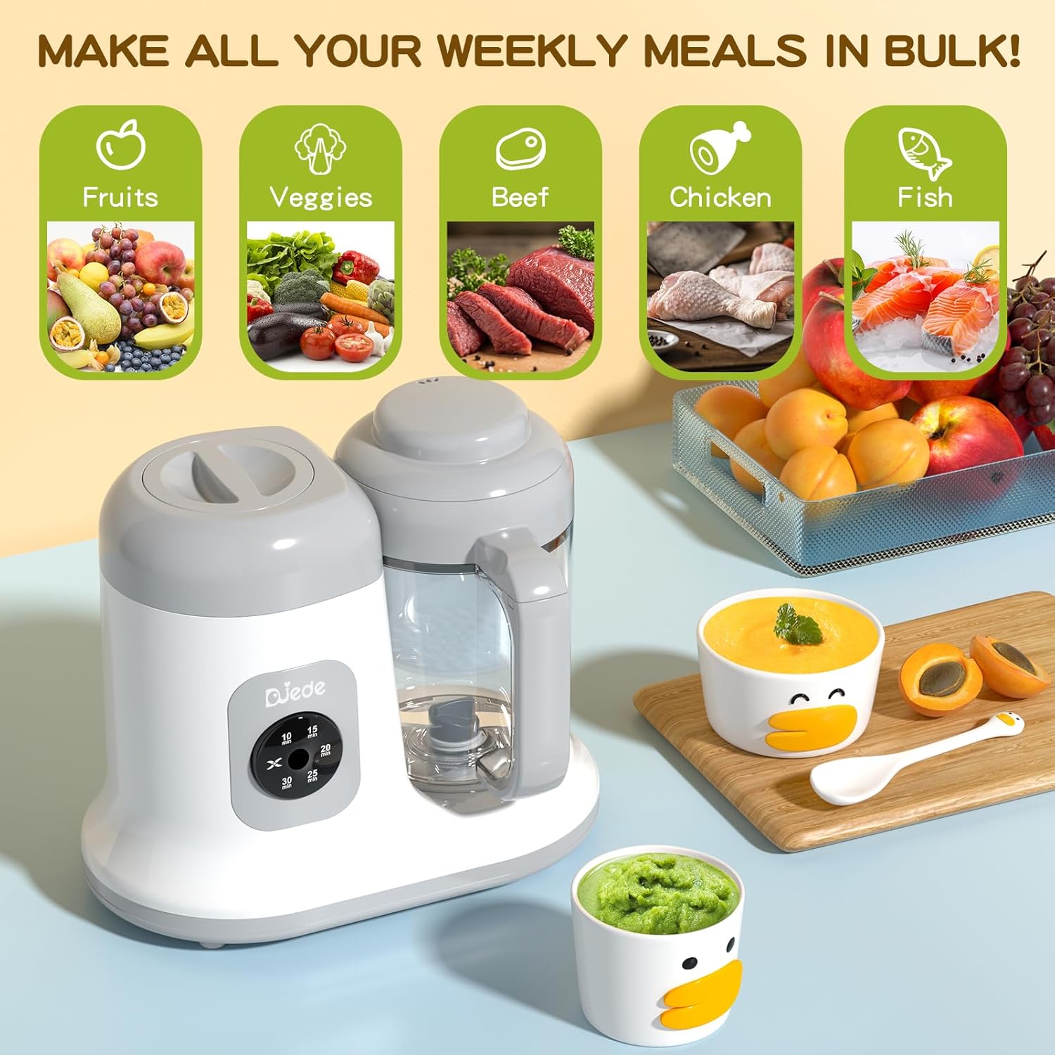 DUEDE – Máquina de alimentos para bebés, control de rotación y presión, un botón, comida para bebés en minutos, licuadora de puré de vapor