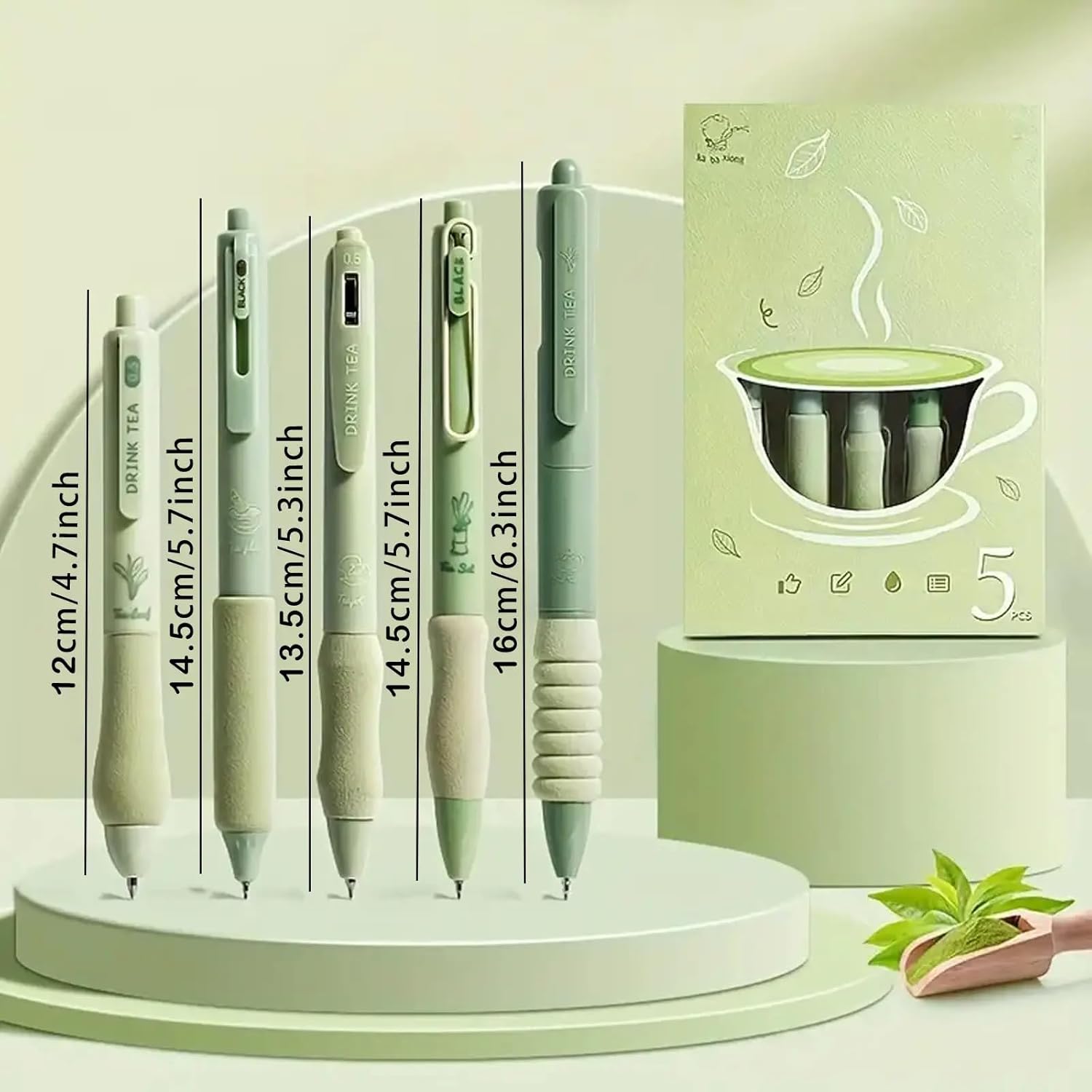 ITAWIXS Bolígrafos estéticos de tinta de gel, 5 unidades, color verde, bonitos bolígrafos retráctiles con diferentes puntas, tinta de secado rápido,