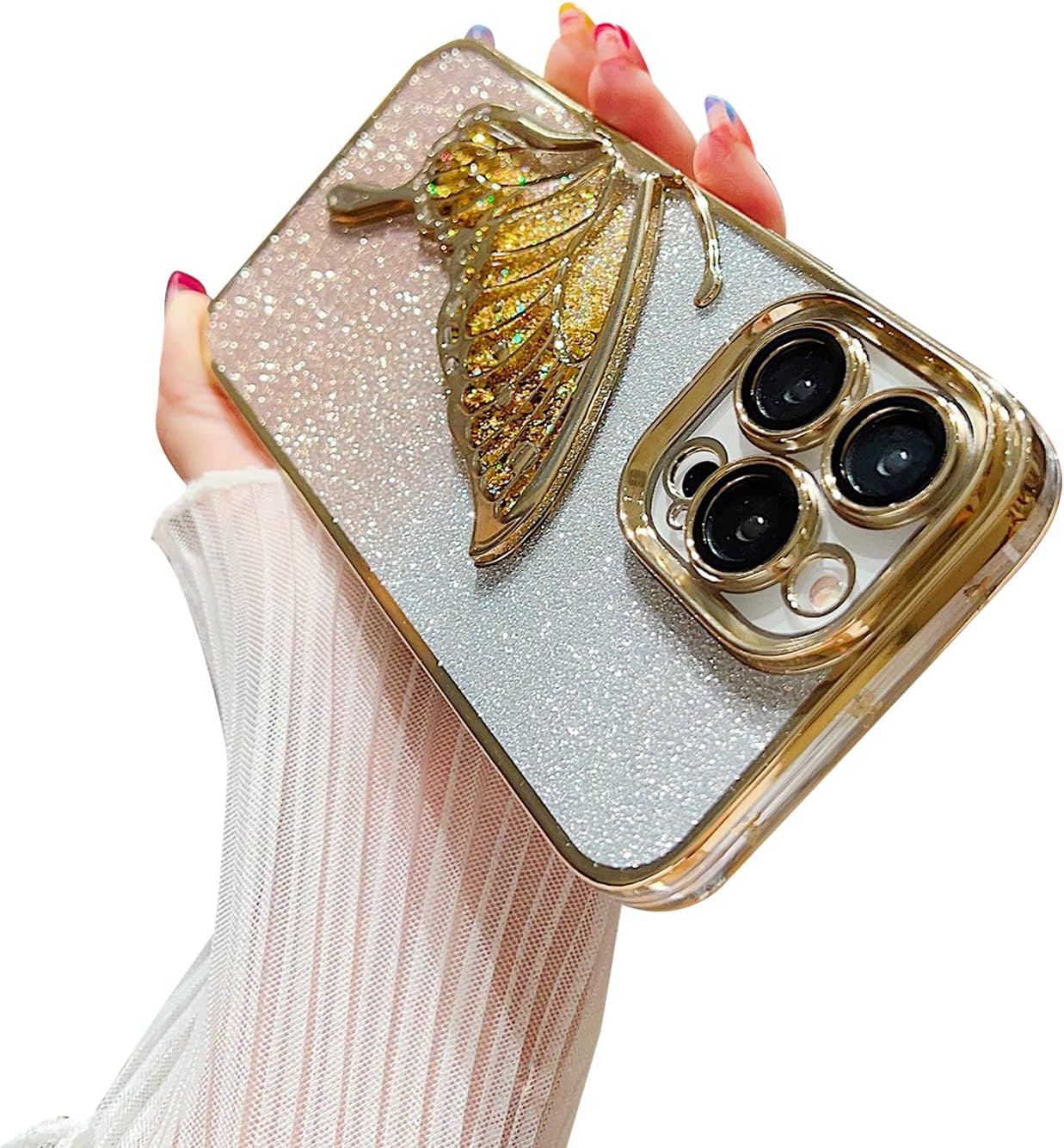 Ownest Funda compatible con iPhone 14 Pro Max con purpurina de lujo, diseño estético chapado en mariposa, funda para teléfono para mujeres,