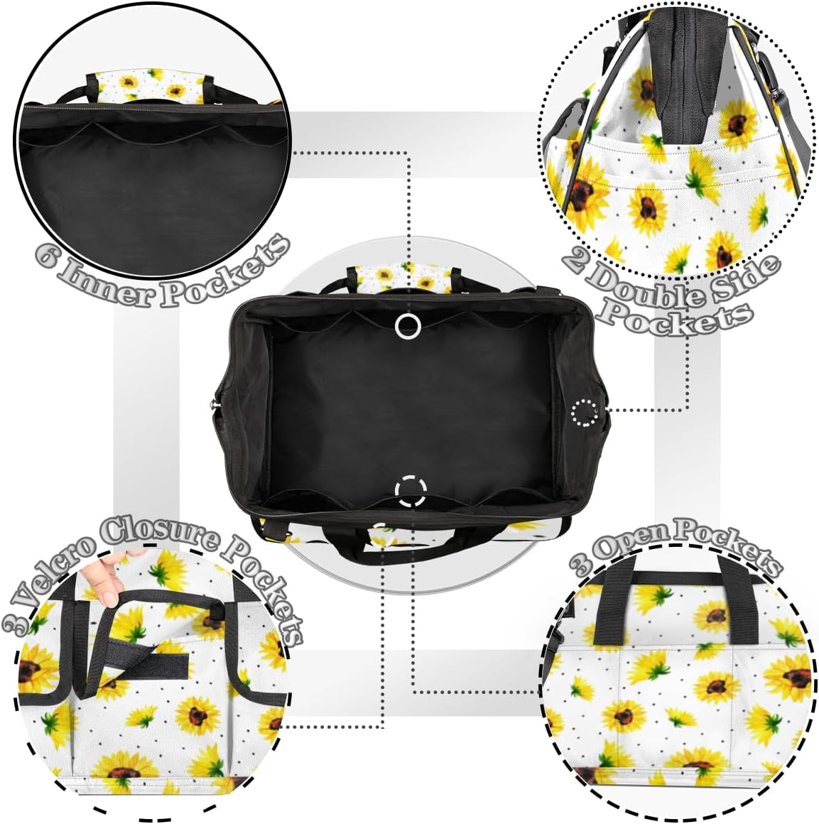 Bolsa de herramientas con patrón de girasol para mujer, organizador de bolsa de herramientas con bolsillos para correa de hombro, duradera, para