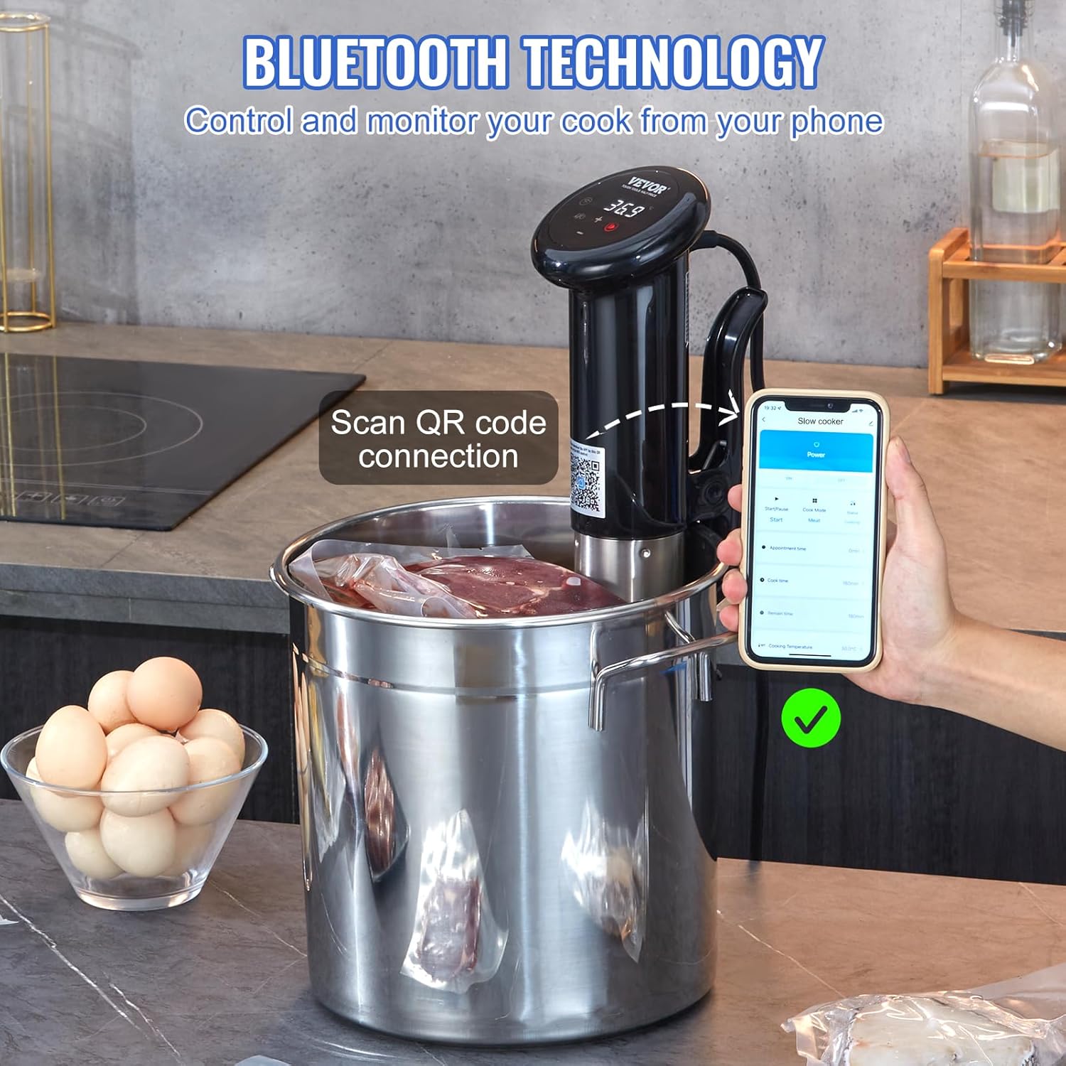 VEVOR Máquina Sous Vide con control de aplicación Bluetooth Wi-Fi Connect, circulación de inmersión de 1200 W, IPX7 impermeable, con control de