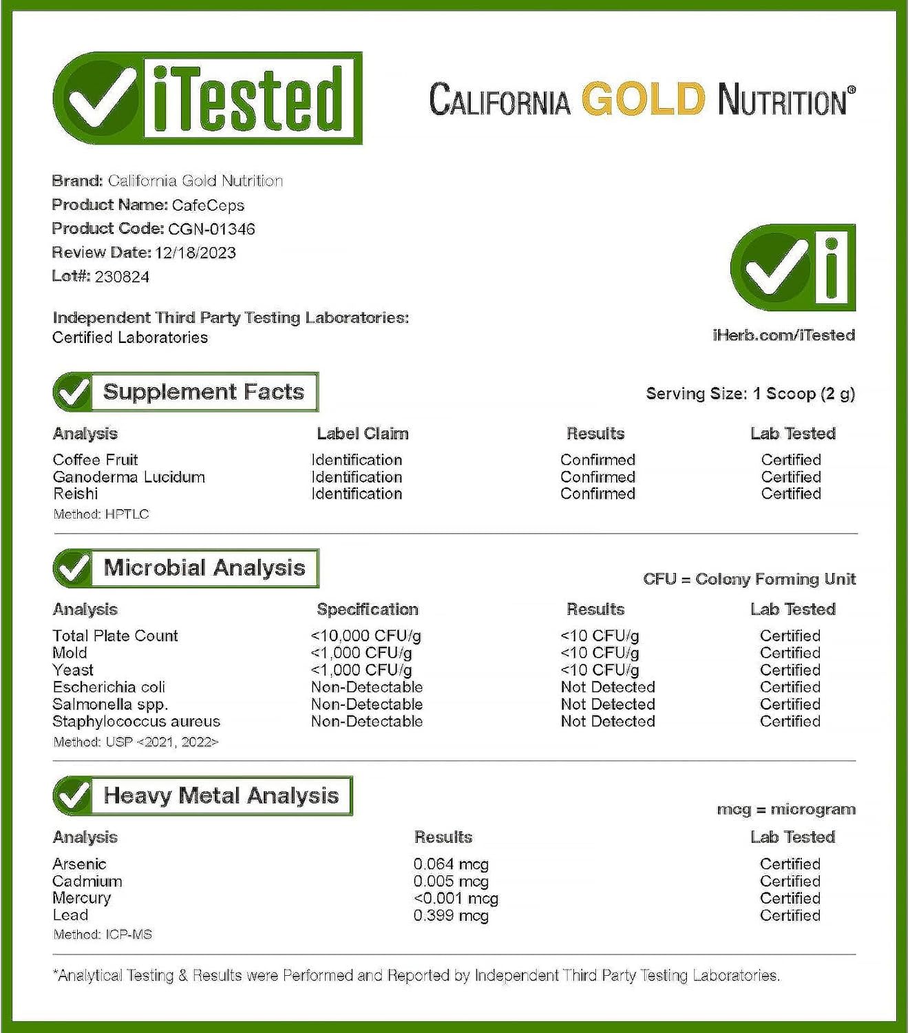 CafeCeps, Café instantáneo orgánico certificado con Cordyceps y polvo de hongos Reishi, 3.52 oz (100 g), California Gold Nutrition