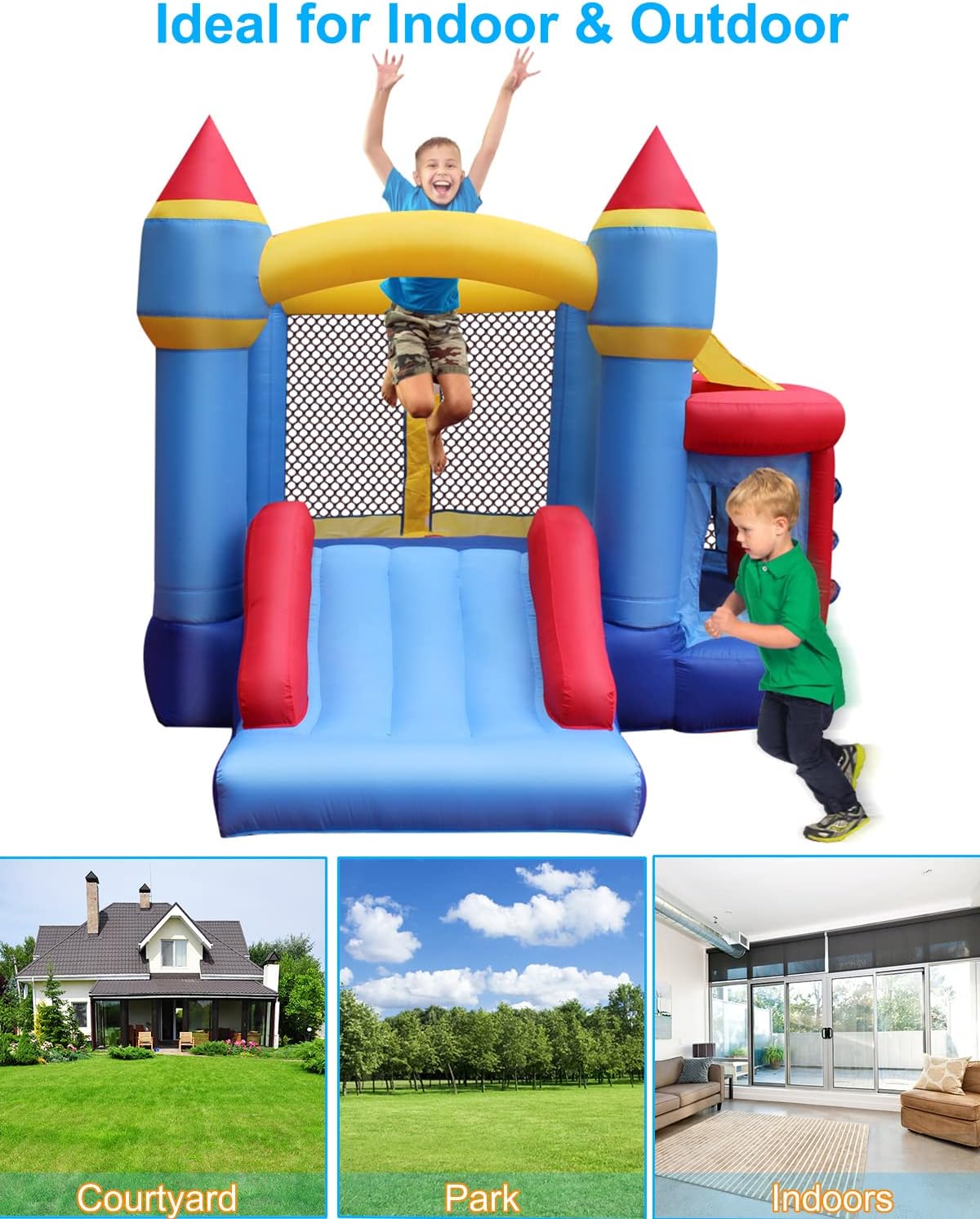 RETRO JUMP Casa inflable para rebotar, casa inflable para niños al aire libre, casa inflable para niños con piscina de pelotas de salto y aro de