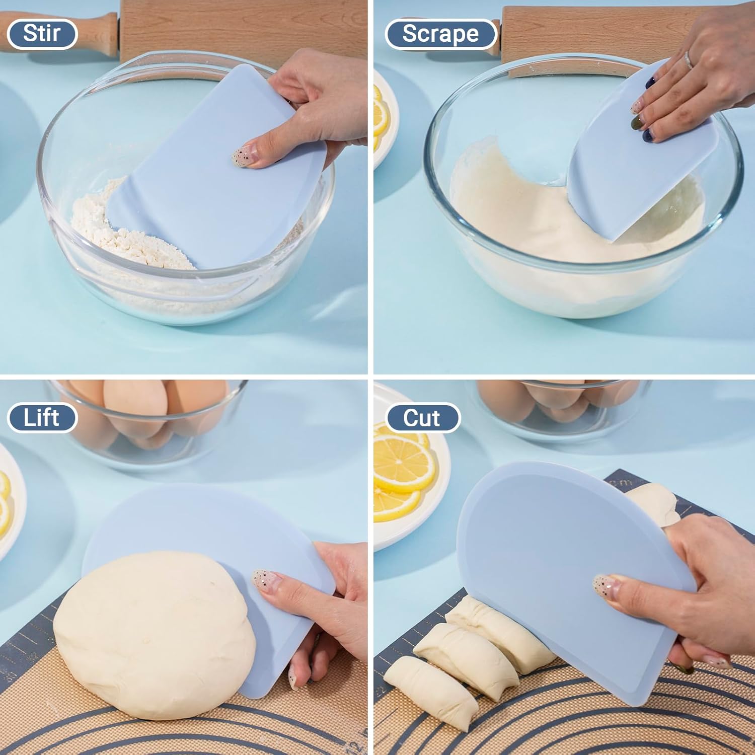 Rascador de masa de silicona con hoja de acero inoxidable, raspador de tazón flexible de borde curvado para hornear, raspador de banco de silicona