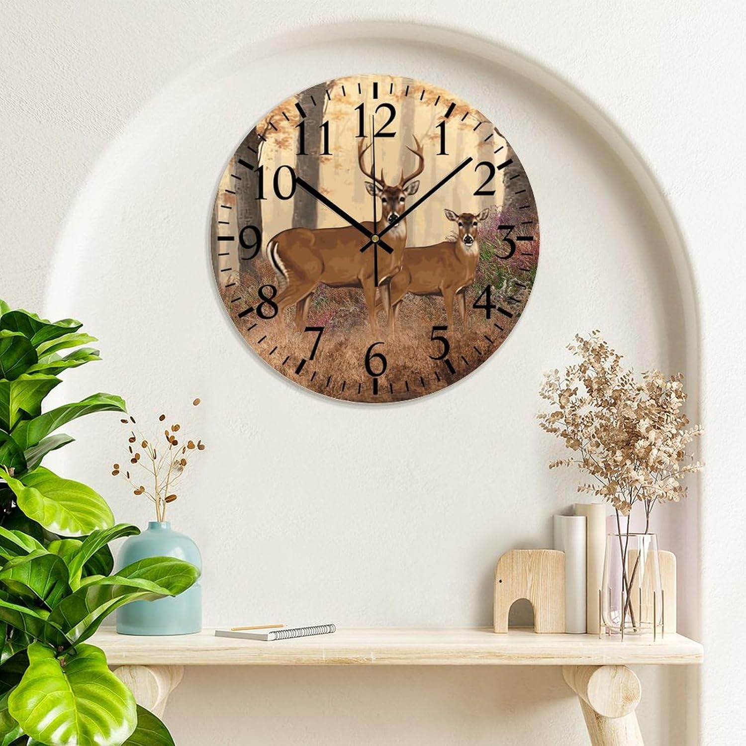 Reloj de pared para baño, reloj de pared redondo de PVC con ciervo, sin tictac, 10 x 10 pulgadas, decoración de cocina, regalo decorativo, funciona