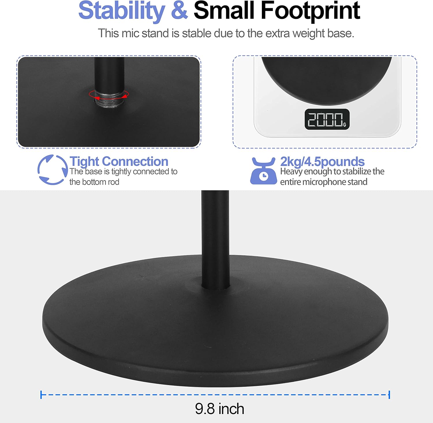 Soporte para micrófono, soporte ajustable para micrófono de karaoke para cantar, soporte universal para el suelo desmontable con base redonda