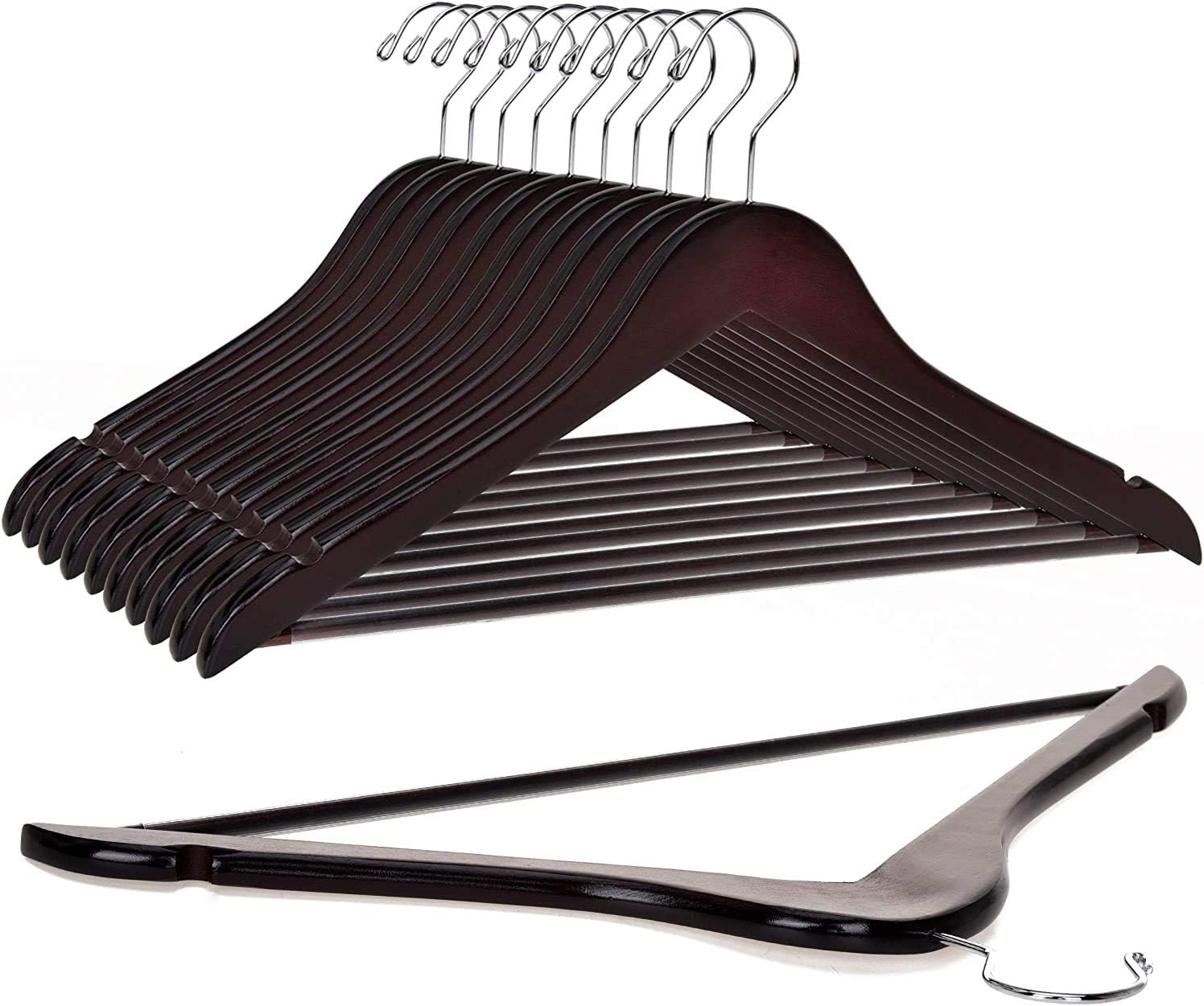 Perchas de madera de calidad  Juego de 10 perchas ligeramente curvadas  Perchas de madera maciza con elegantes ganchos cromados  Ropa de alta