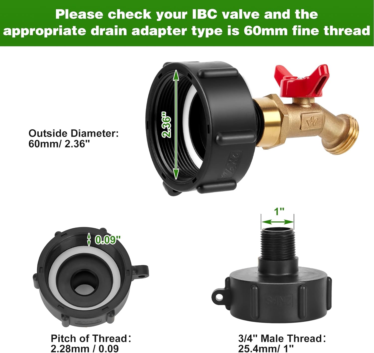 WADEO Adaptador de tanque IBC, adaptador de rosca fina de 2.36 pulgadas para tanque IBC de 275-330 galones, Aadpter IBC Tote Aadpter con válvula de
