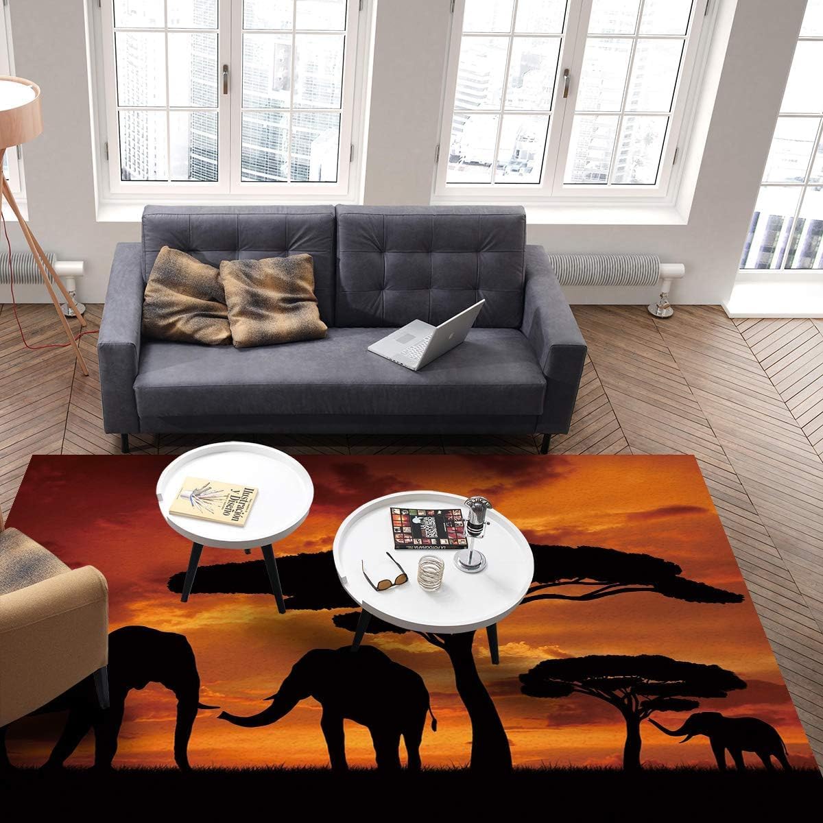 Alfombra de elefante en pastizales al atardecer, alfombra de elefante africano, alfombra de interior antideslizante para habitación, sofá, sala de