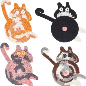 4 posavasos de punto con diseño de gato, bonitos y divertidos posavasos de punto rosa, negro, naranja, gris, marrón, protección de mesa, regalo para 4 posavasos de punto con diseño de gato, bonitos y divertidos posavasos de punto rosa, negro, naranja, gris, marrón, protección de mesa, regalo para