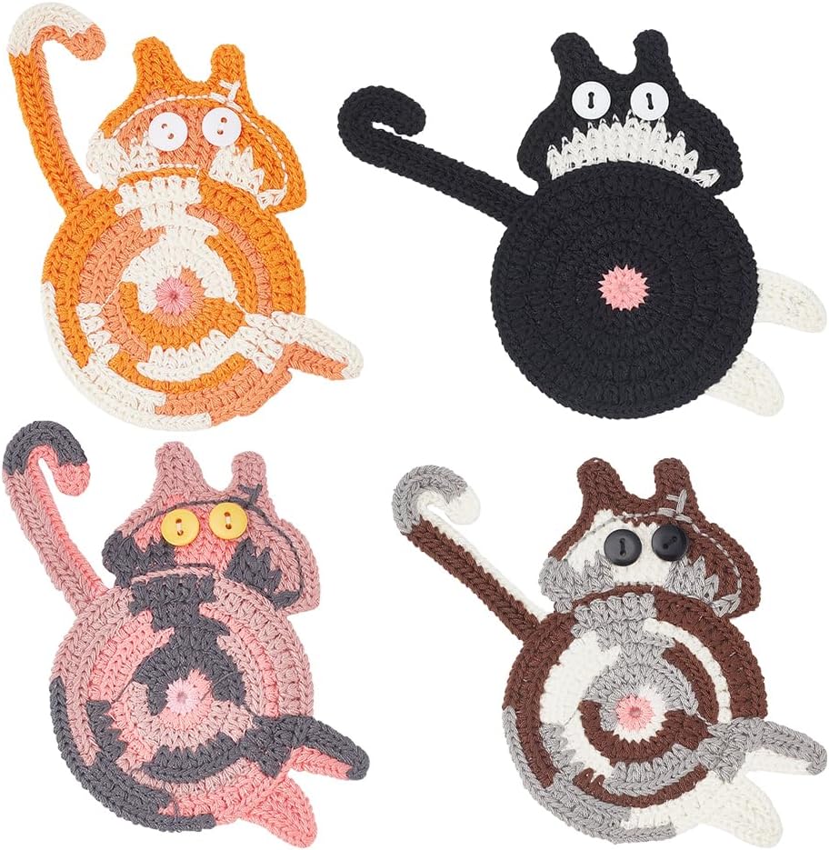 4 posavasos de punto con diseño de gato, bonitos y divertidos posavasos de punto rosa, negro, naranja, gris, marrón, protección de mesa, regalo para