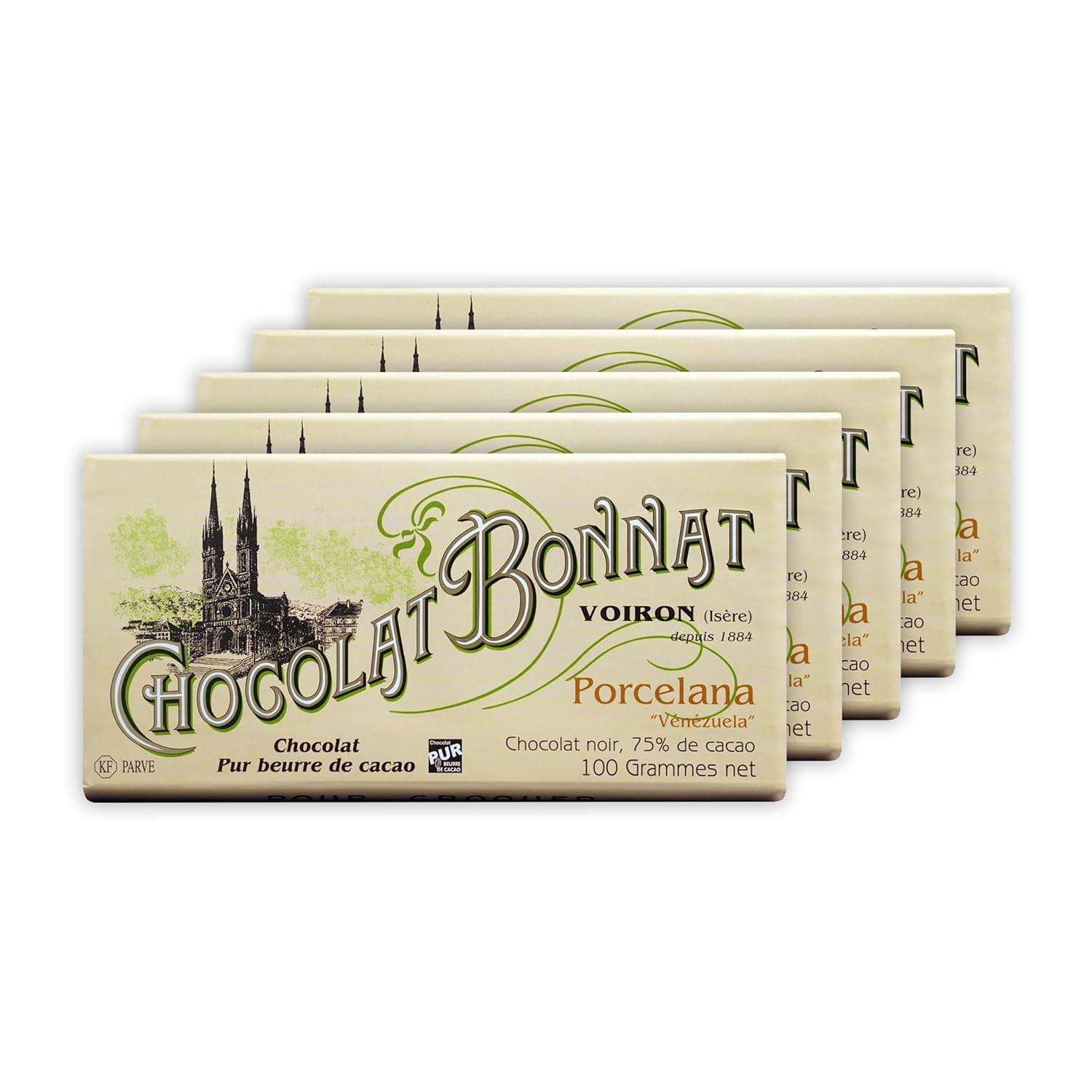 Bonnat Porcelana 75% chocolate negro paquete de 5 unidades  Chocolate francés  grano a barra, propiedad familiar  Sin soja, sin gluten, vegano,