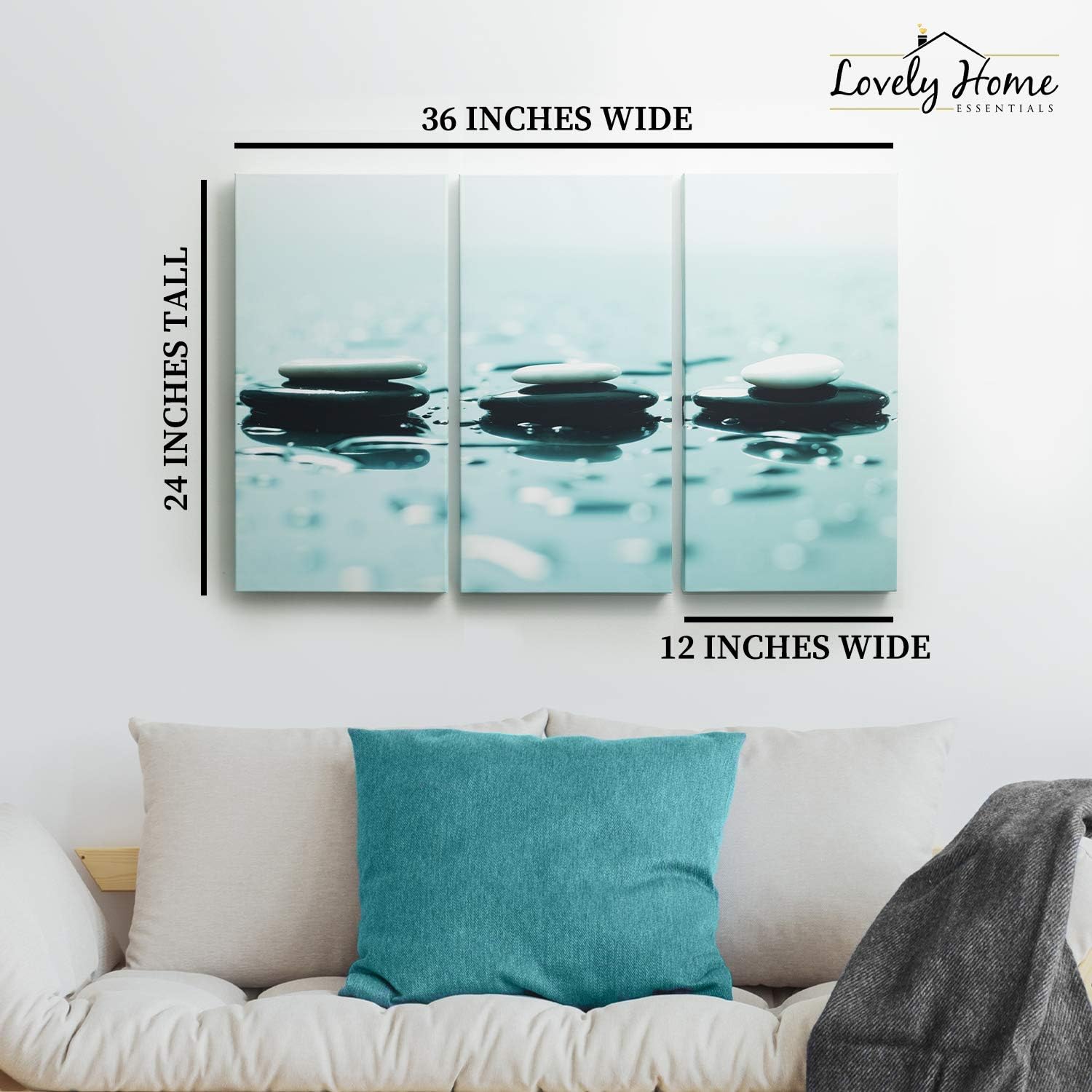 Arte de pared Zen con piedras de 24 x 36 pulgadas, lienzo para decoración de pared zen, arte de pared calmante de 3 paneles, arte de pared relajante