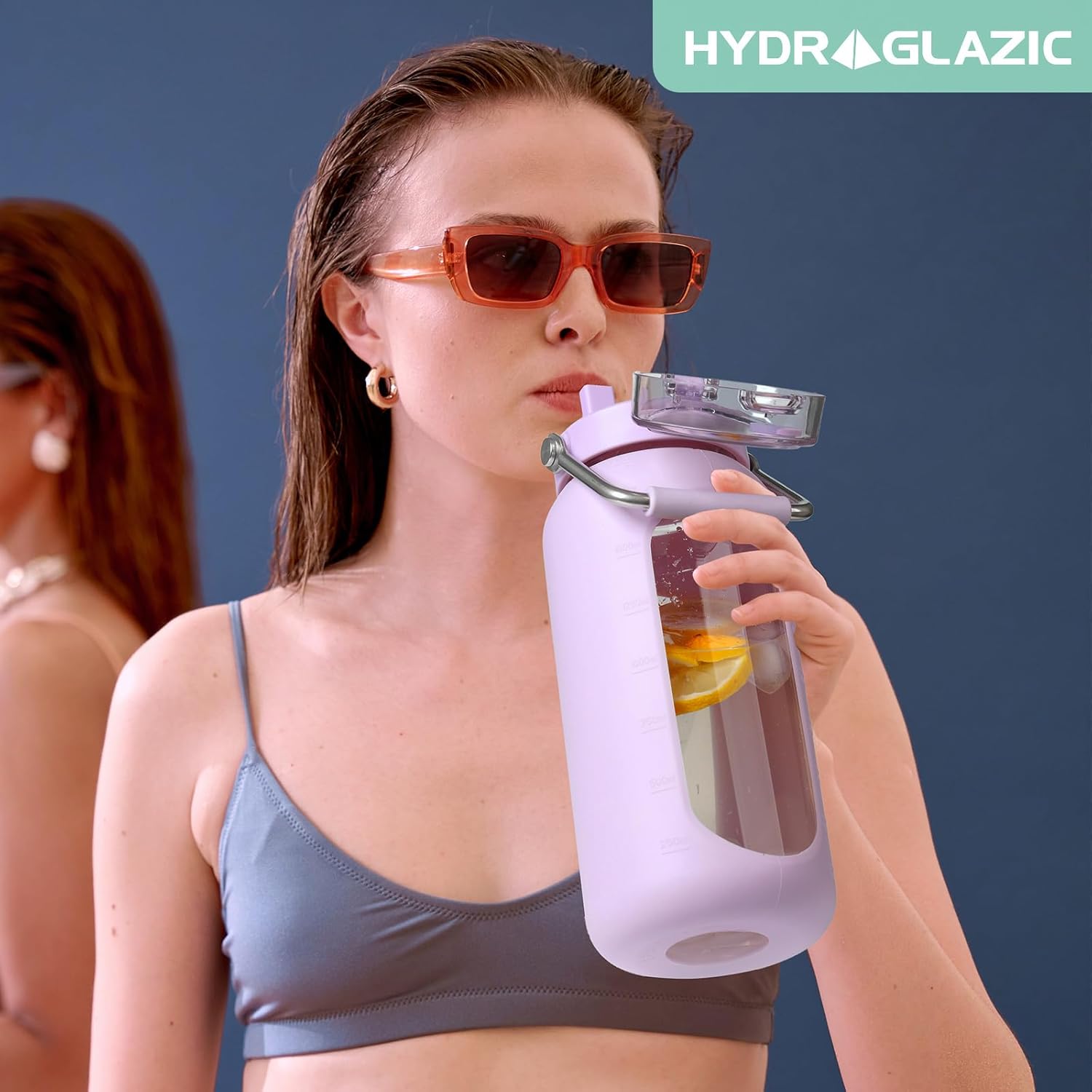 HYDRAGLAZIC Botella de agua de vidrio de 64 onzas, botella de agua potable de vidrio con popote y mango de acero inoxidable, botella de agua