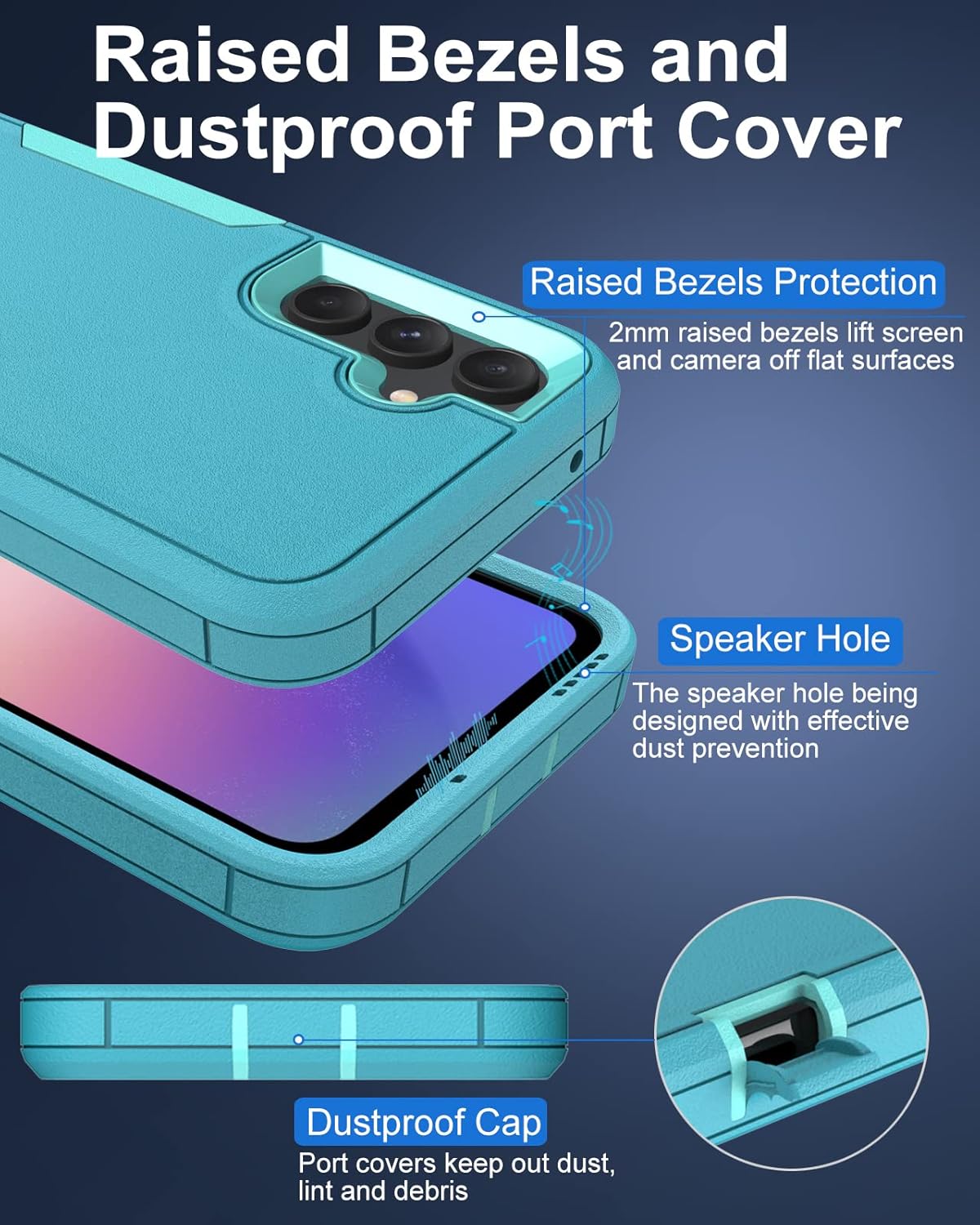 Dahkoiz Funda para Samsung Galaxy S23-FE y protector de pantalla de vidrio, cubierta de puerto a prueba de polvo, cubierta de goma de silicona de