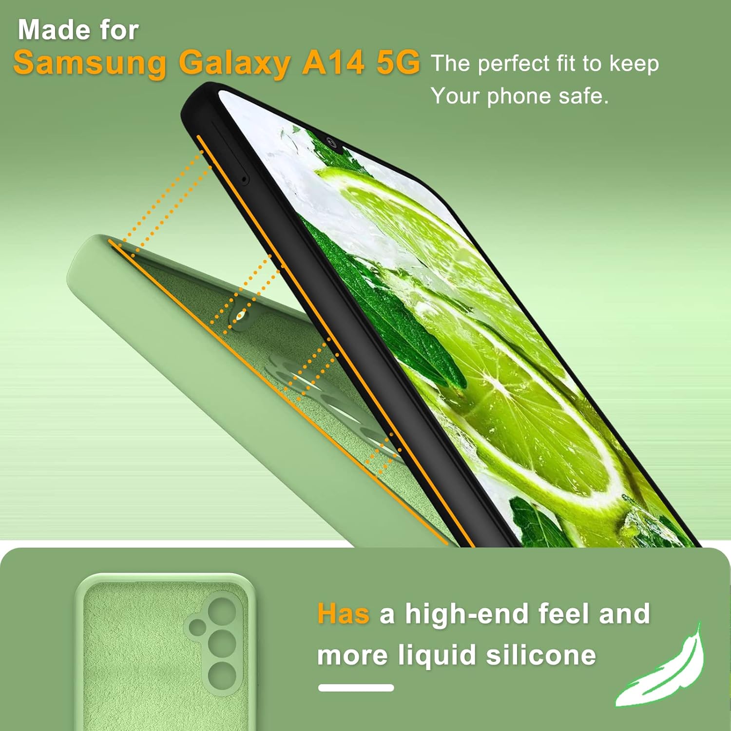 YENAPOON Funda para Samsung Galaxy A14 5G y 2 protectores de pantalla de vidrio templado, funda protectora delgada de silicona líquida a prueba de