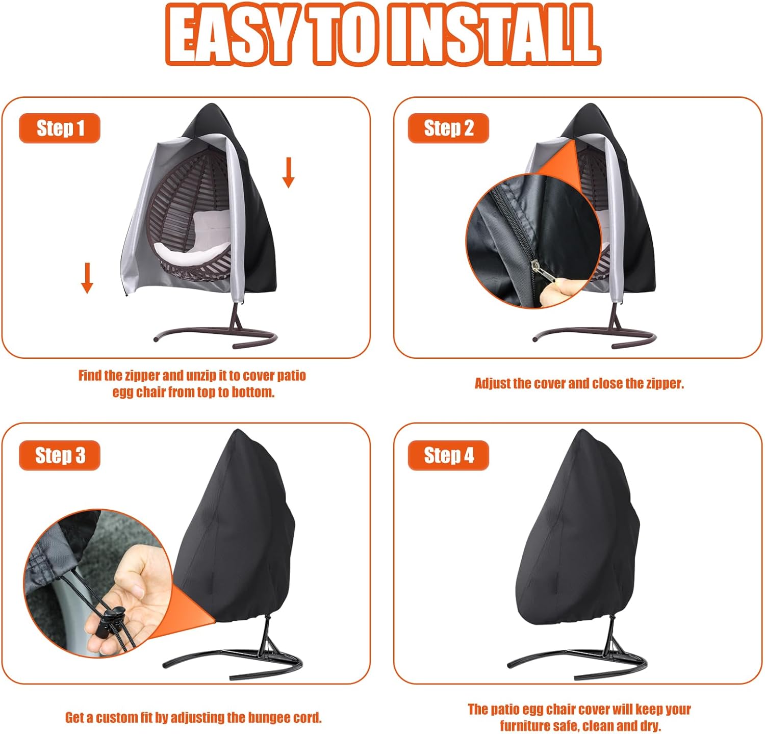 Funda para silla de huevo colgante de patio, 70 pulgadas de alto x 66 pulgadas de profundidad, impermeable, resistente a la intemperie, muebles de