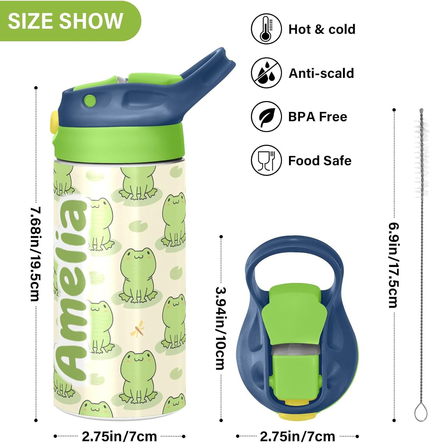 Cute Frog – Botella de agua aislada personalizada con pajilla, botella de agua al vacío de acero inoxidable personalizada para viajes y oficina