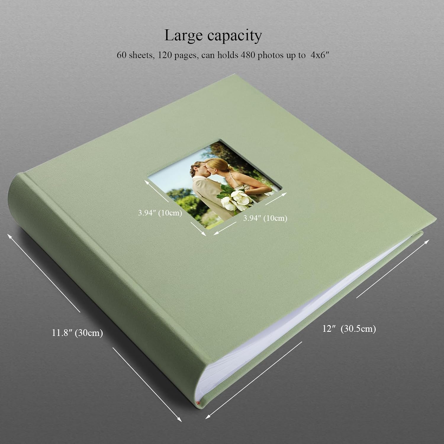 1DOT2 Álbum de fotos verde salvia de 11.8 x 11.8 pulgadas, 120 páginas con tapa dura de tela antiestática, páginas interiores sin ácido, lignina y