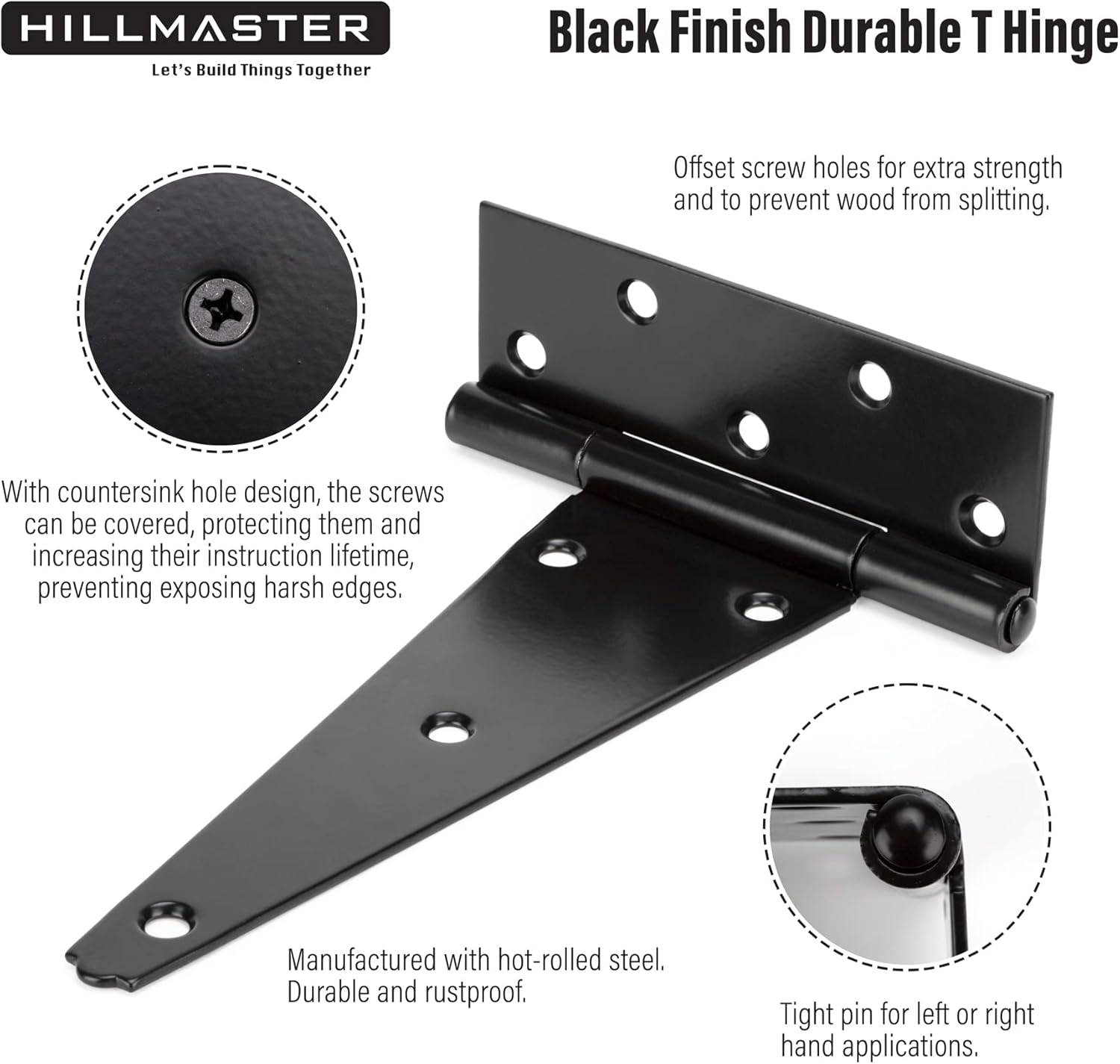 HILLMASTER Correa en T de 8 pulgadas, bisagras de puerta de cobertizo, bisagra negra para cercas de madera, patio, puerta de granero, a prueba de