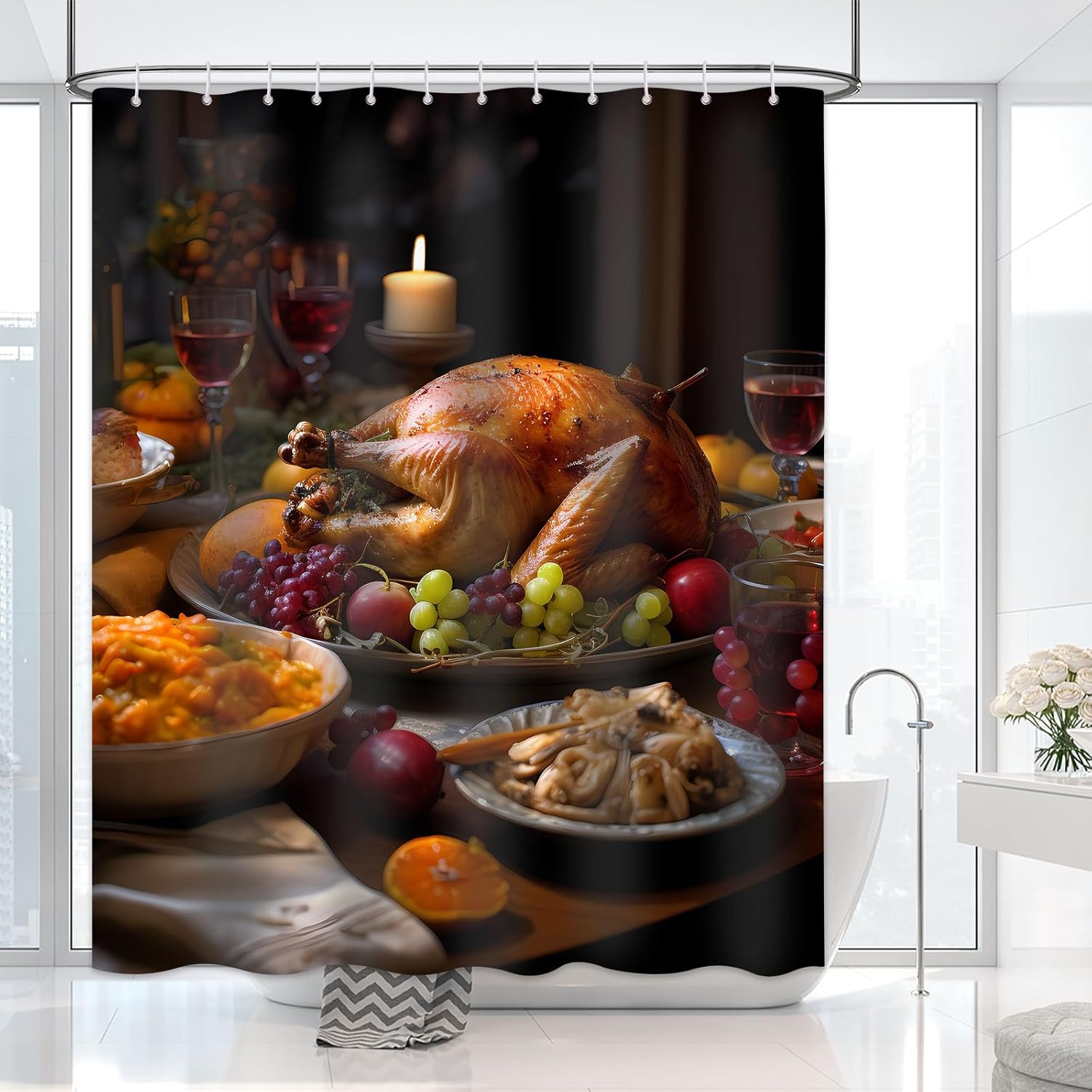 Cortina de ducha con texto en inglés “Merry Christmas” para baño, mesa de comedor, juego de cortinas de ducha de Navidad de pavo, impermeable, de