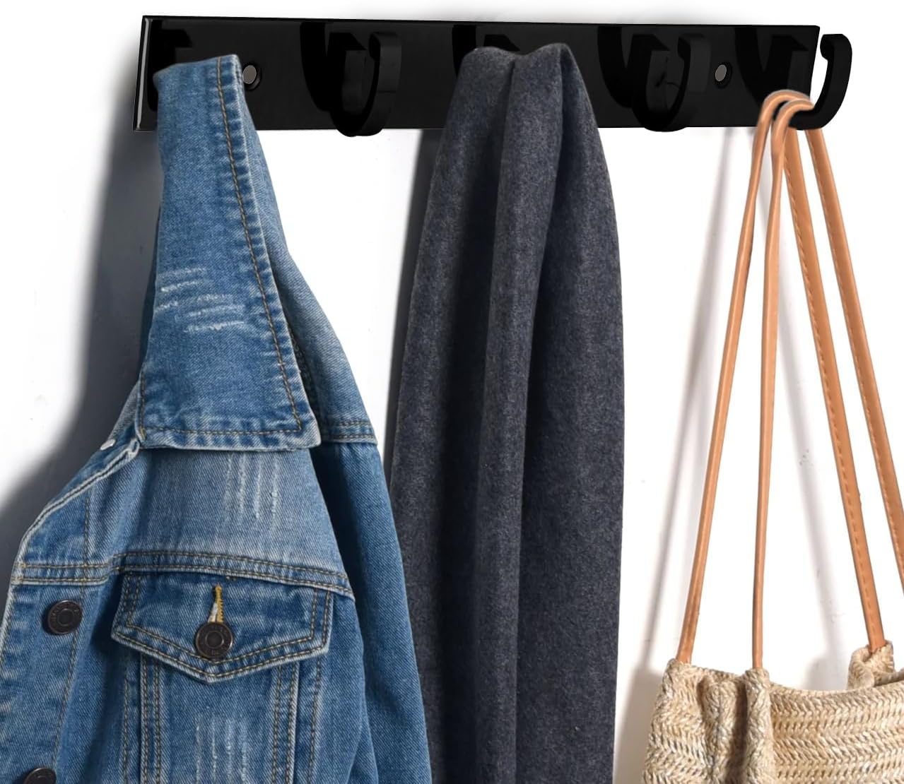 Paquete de 2 percheros resistentes para montar en la pared, estante de acero inoxidable con 5 ganchos en forma de C para abrigos, toallas, llaves y