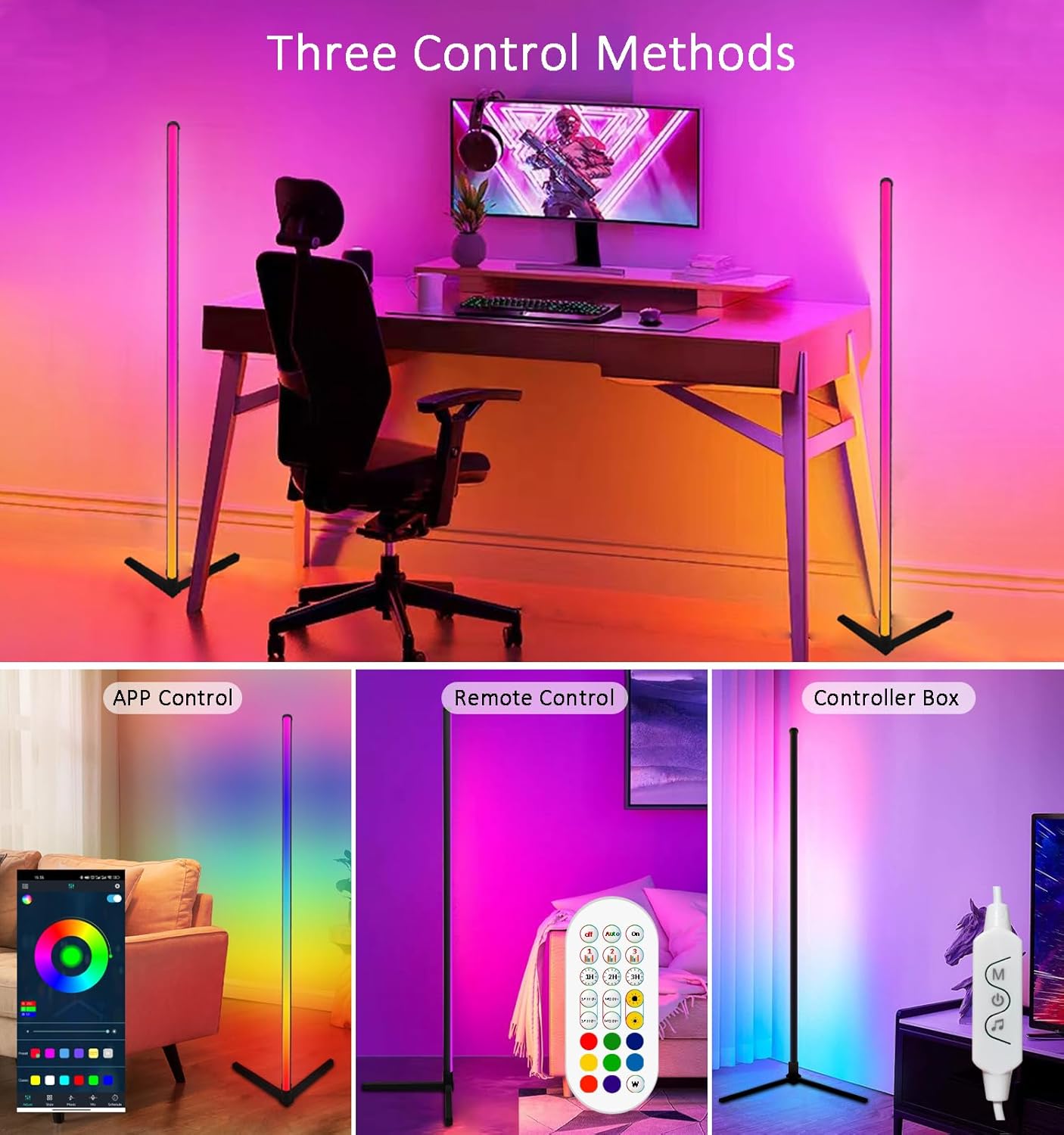 Lámpara de pie de esquina RGB, iluminación de estado de ánimo que cambia de color con aplicación y control remoto, sincronización de músicacolores