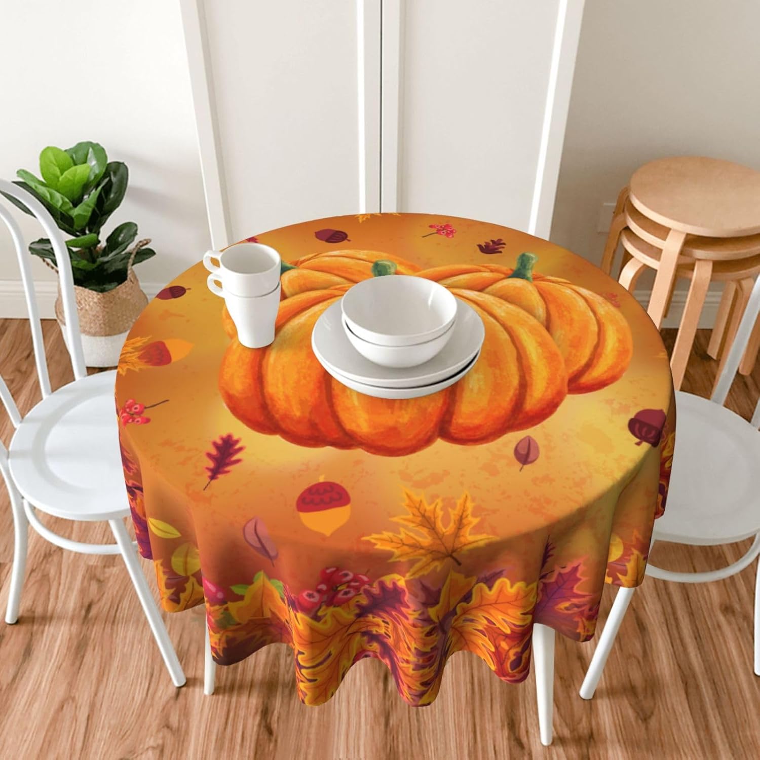 Mantel redondo de calabaza de otoño de 60 pulgadas, lavable, reutilizable, decoración de mesa para fiesta de cocina