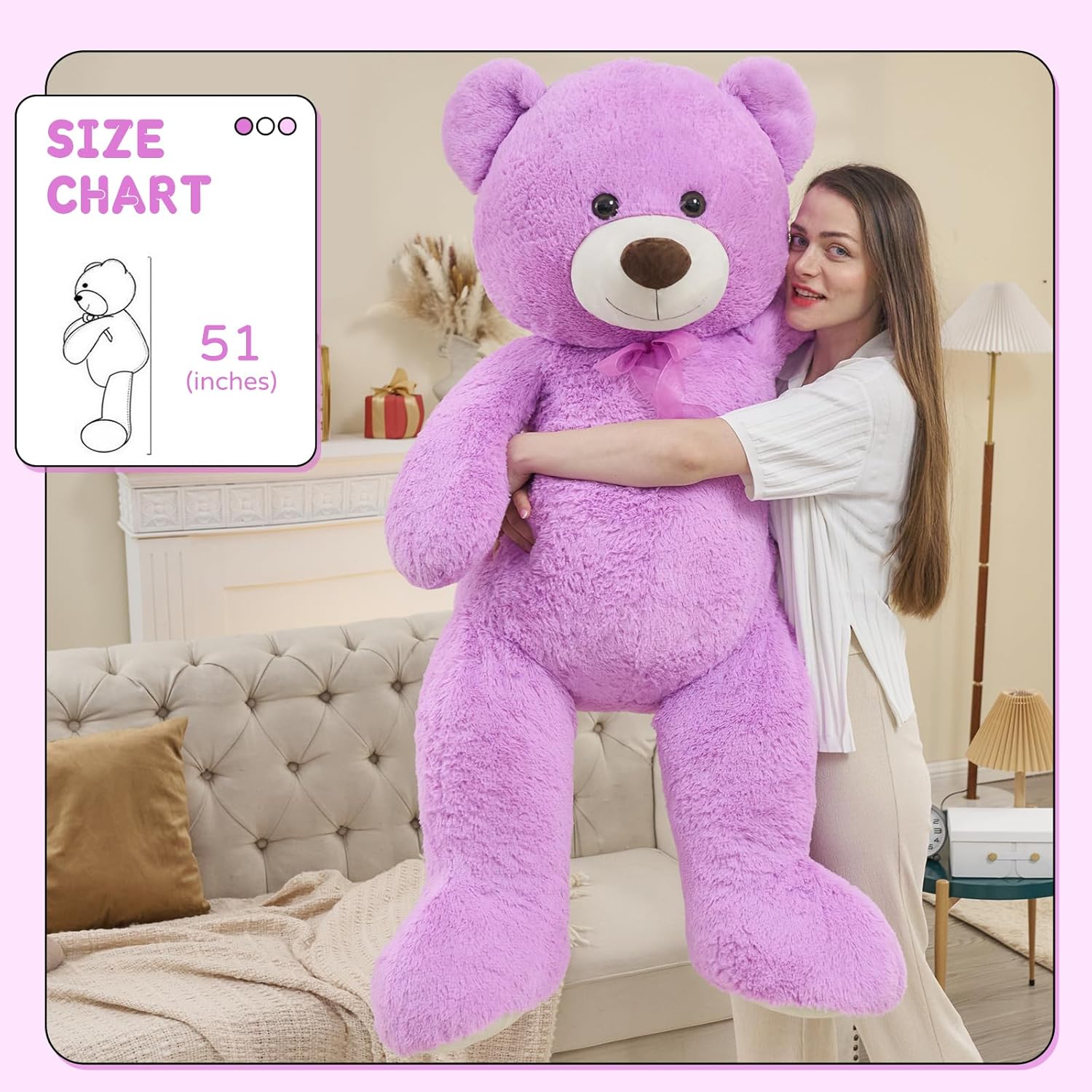 DOLDOA Oso de peluche gigante de 51 pulgadas, oso de peluche grande, oso de peluche grande calmante para niños, novia, baby shower, morado