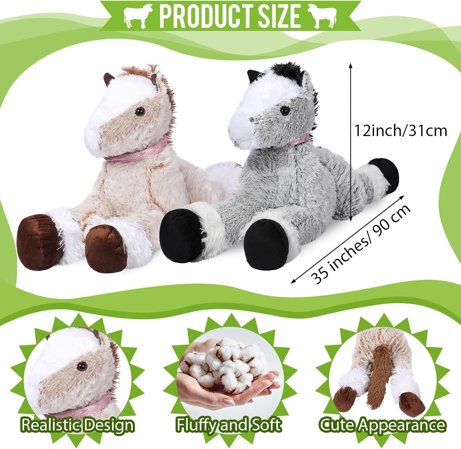2 piezas de caballo gigante de peluche de caballo largo, almohada de peluche grande de caballo de peluche, gran regalo para niños, Navidad, día de