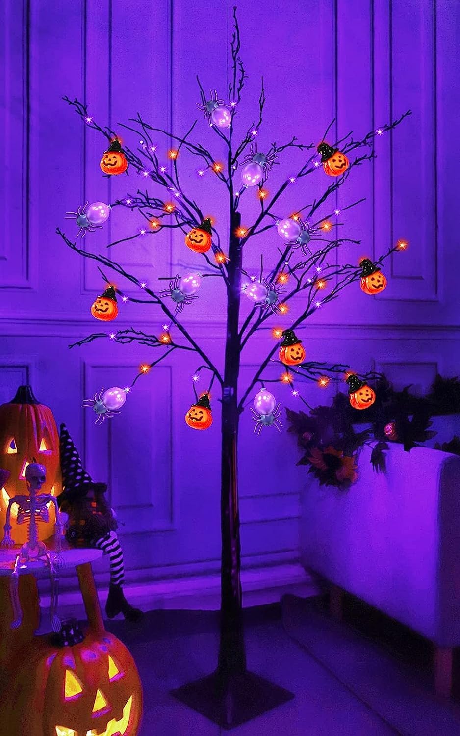TURNMEON Árbol de Halloween iluminado naranja y morado de 5 pies con temporizador, decoraciones de Halloween, árbol artificial espeluznante para
