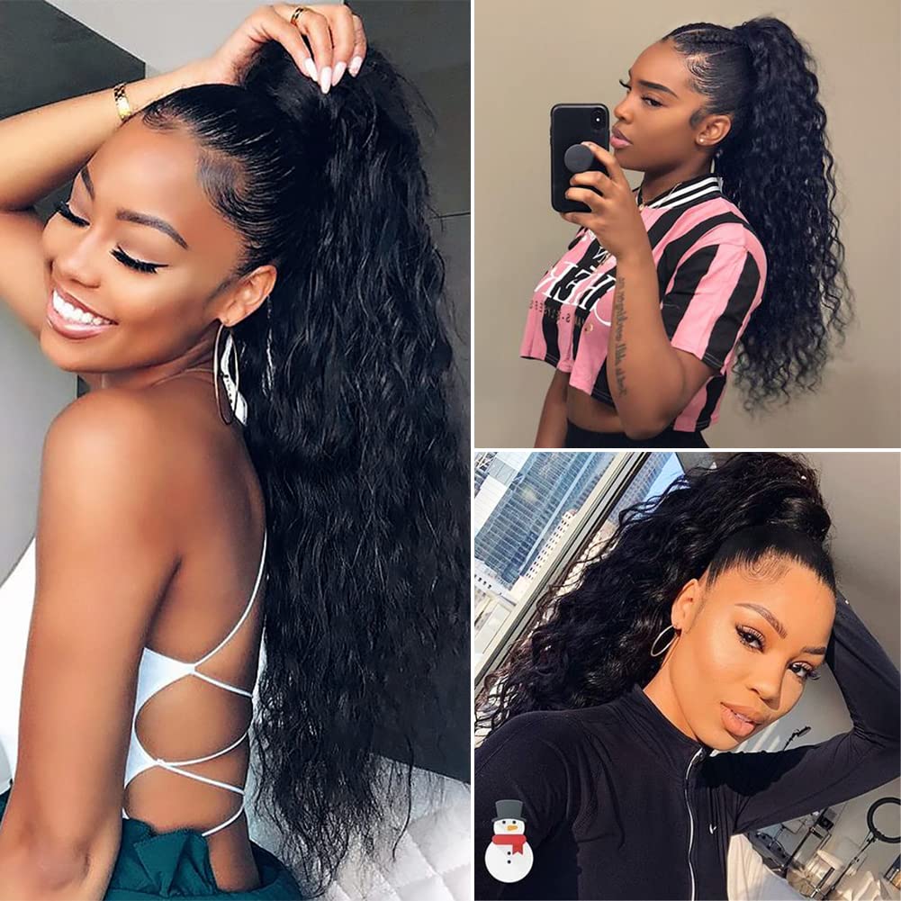 Alisfeel Extensiones de cola de caballo de cabello humano ondulado natural para mujeres negras, extensión de cola de caballo con cordón, 3.53 onzas