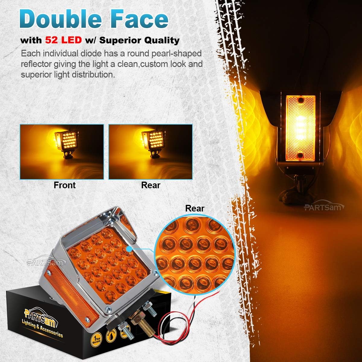 Partsam 2 luces de estacionamiento de doble cara para remolque, pedestal con viseras cromadas, ámbarámbar de doble cara cuadrada, 52 luces LED de
