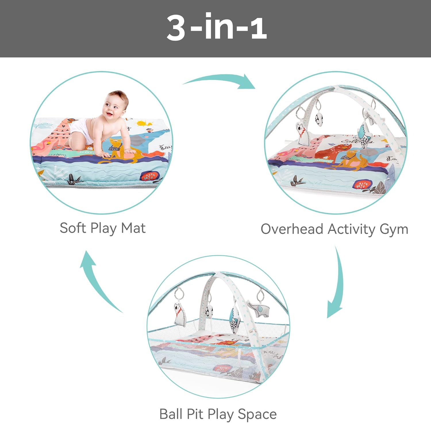 LADIDA Gimnasio de juegos para bebés, tapete de actividades con piscina de pelotas, tapete de juego de 3 etapas acolchado con juguetes basados en