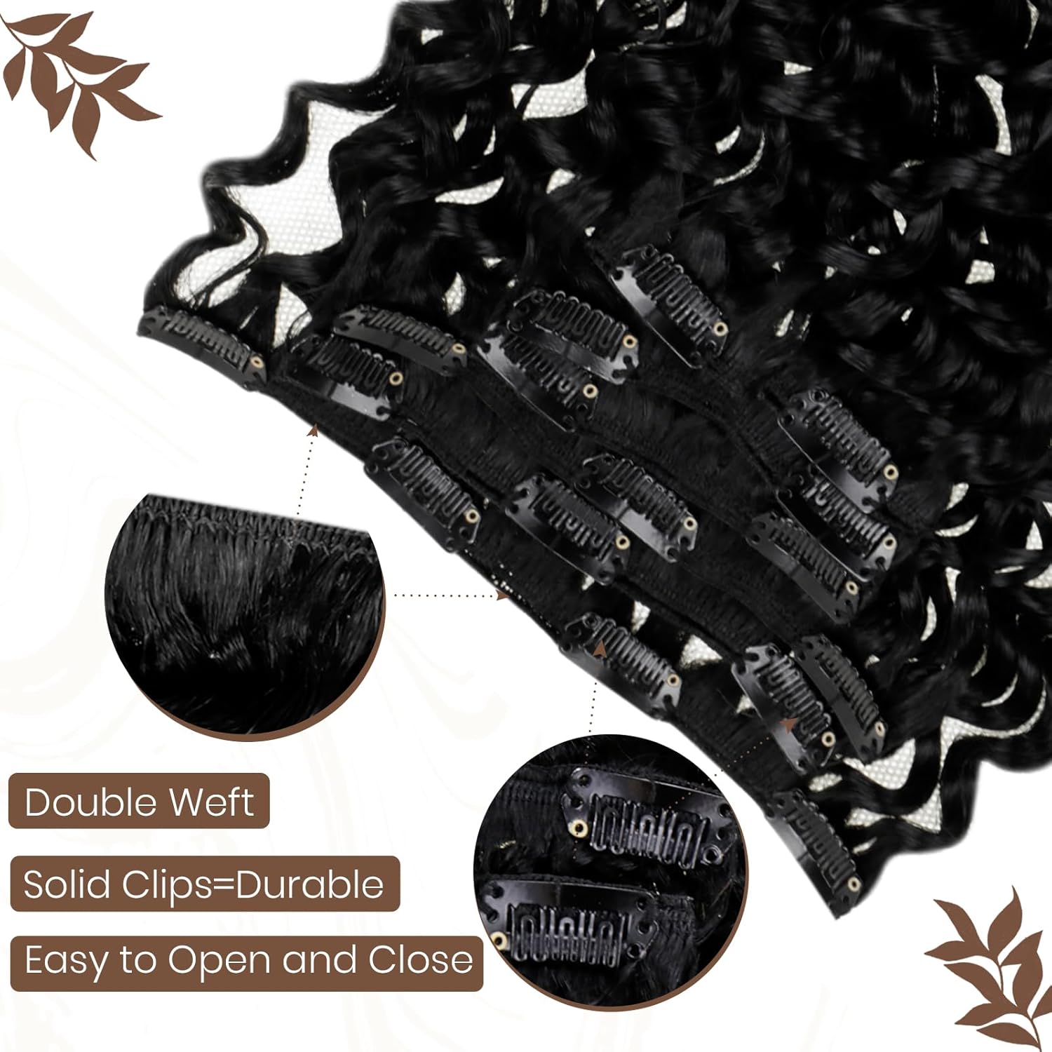 Hetto Extensiones de cabello humano Remy rizado con clip, 20 pulgadas, #1 negro azabache, extensiones de cabello rizado natural con clip, 7
