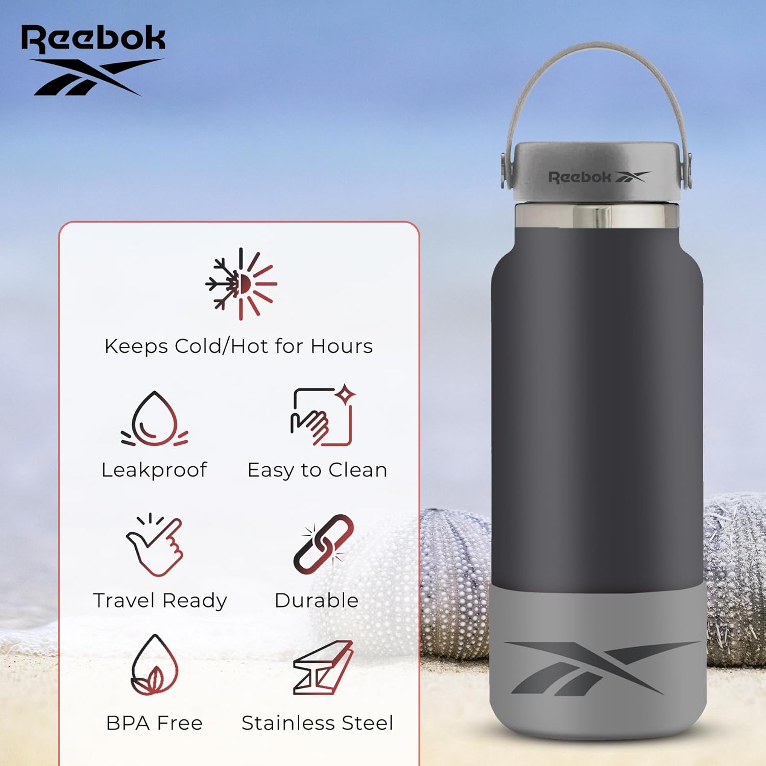 Reebok Botella de agua deportiva de acero inoxidable con asa, botella de agua aislada de 40 onzas, botella de agua deportiva aislada al vacío de