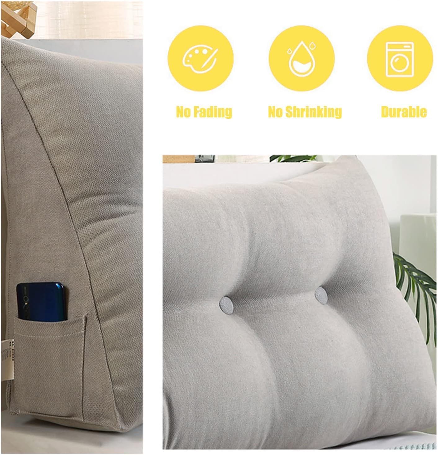 Cojín de cama de lectura Queen  Almohada triangular de cuña para cabecero, soporte de posicionamiento trasero, relleno extra y funda extraíble para