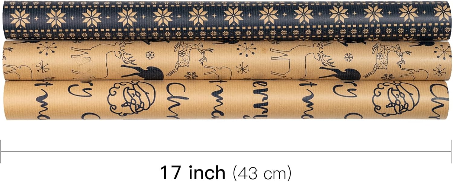 RUSPEPA Rollos de papel de regalo de Navidad  Mini rollo  17 pulgadas x 10 pies por rollo, total de 3 rollos  reno y copo de nieve