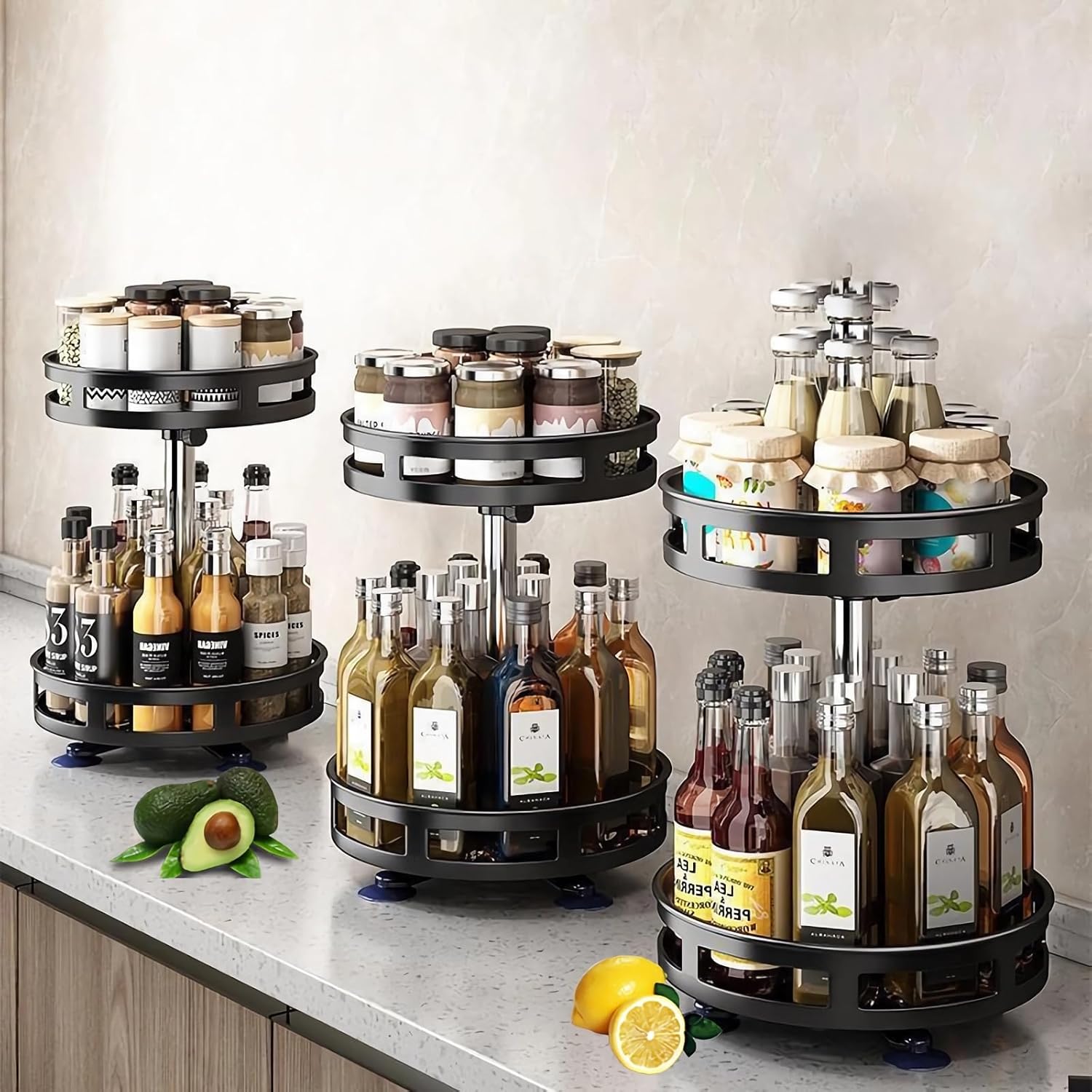 Organizador de especias de 2 niveles Lazy Susan para encimera, soporte giratorio para condimentos de 10 pulgadas, estante de especias de metal para