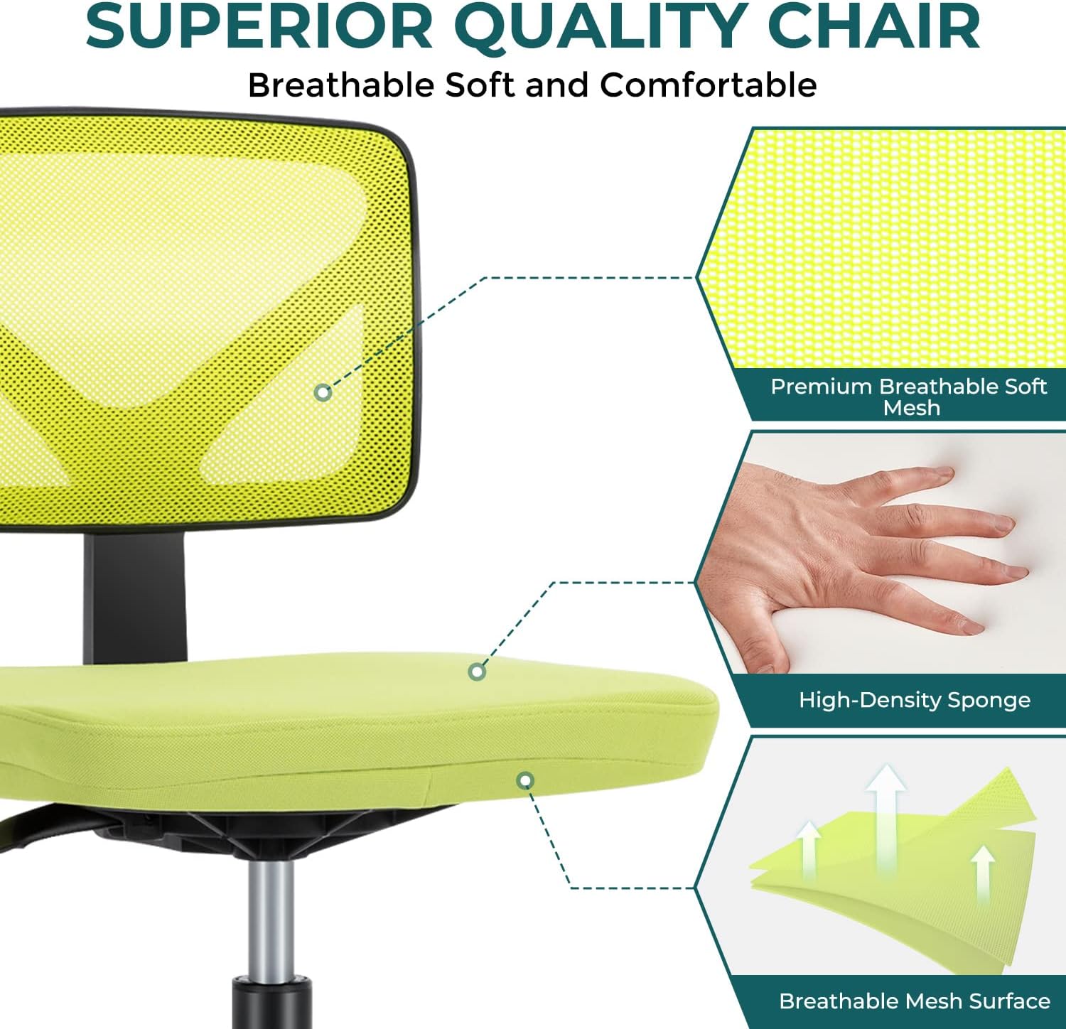 DUMOS Sillas de escritorio sin brazos con ruedas, bonita silla de oficina en casa, sin brazos, ergonómica ajustable giratoria, silla de trabajo con