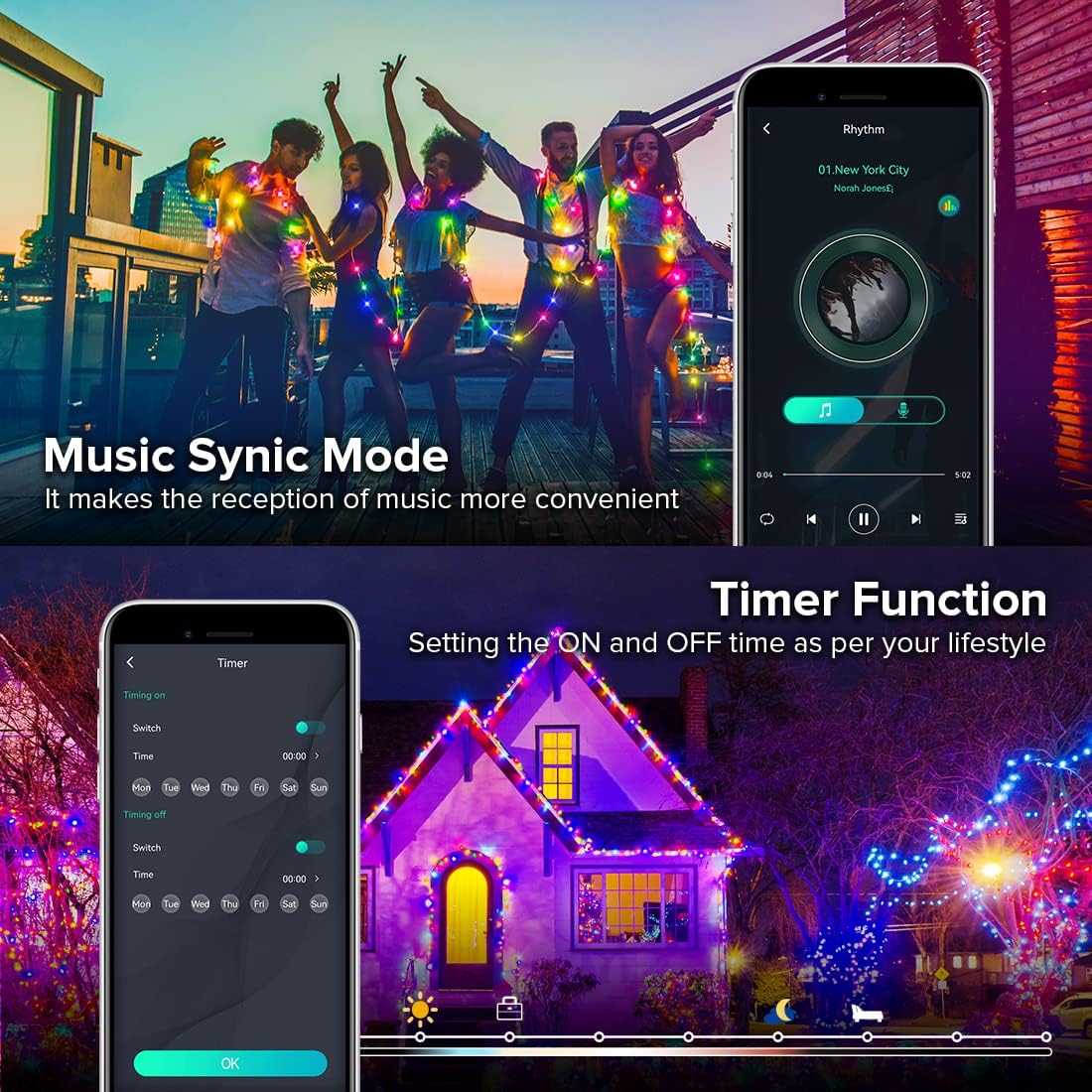 WS2812B – Guirnalda de luces inteligentes de 33 pies, USB, Bluetooth, con temporizador y control remoto, sincronización de música, modos divertidos,