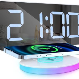 Reloj despertador digital con carga inalámbrica, espejo de escritorio, pantalla grande con luz RGB, alarma dual, repetición, cargador USB, atenuador Reloj despertador digital con carga inalámbrica, espejo de escritorio, pantalla grande con luz RGB, alarma dual, repetición, cargador USB, atenuador